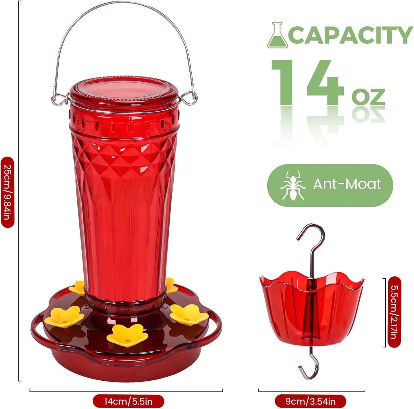 Glass Hummingbird feeders for Outdoors 2pack-14Ounces，5 Feeding Ports Hummingbird Feeder,Wide Mouth for Easy Filling/Cleaning，Hanging for Garden Backyard Decor, Includes Ant Moat (Red)