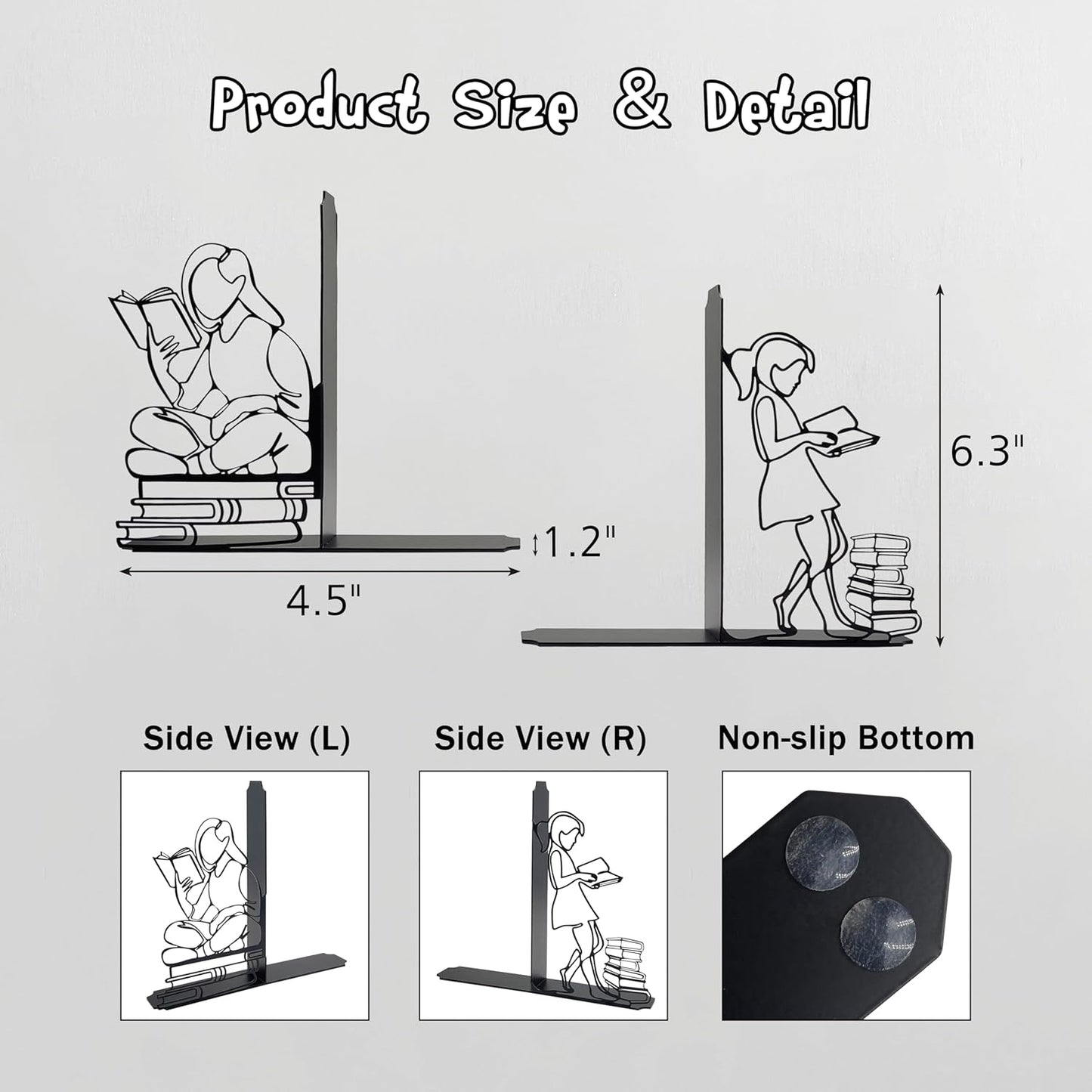 Cute Bookends Decorative, Durable Metal Book Holders with Timeless Appeal, Black, 1 Piece, 6.3x4.5x1.2 inches