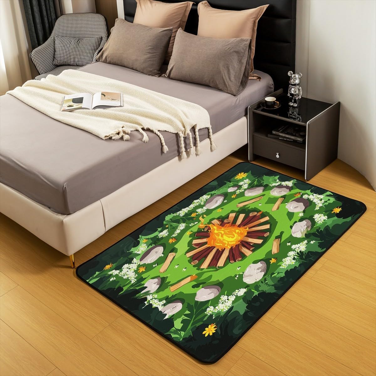 Castle Fairy Campfire Area Rug 3'x5',Cartoon Stones Green Tree Non Slip Rug for Kids Teen Boys Women Men,Camping Woodland Campsite Indoor Floor Mat for Dining Room Backyard Decor,Happy Camping