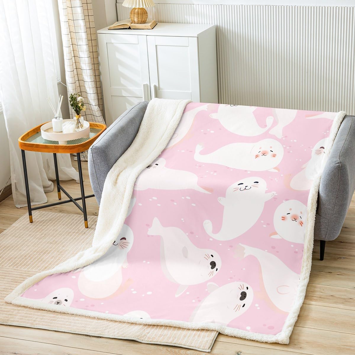 Cartoon Cute Seal Throws Blanket,Kawaii Sea Animal Pink and White Sherpa Blanket for Girls Teens, Kids Ocean Themed Girly Style Microfiber Fleece Blanket Room Decor, Throw Size (50 x 60 Inch)