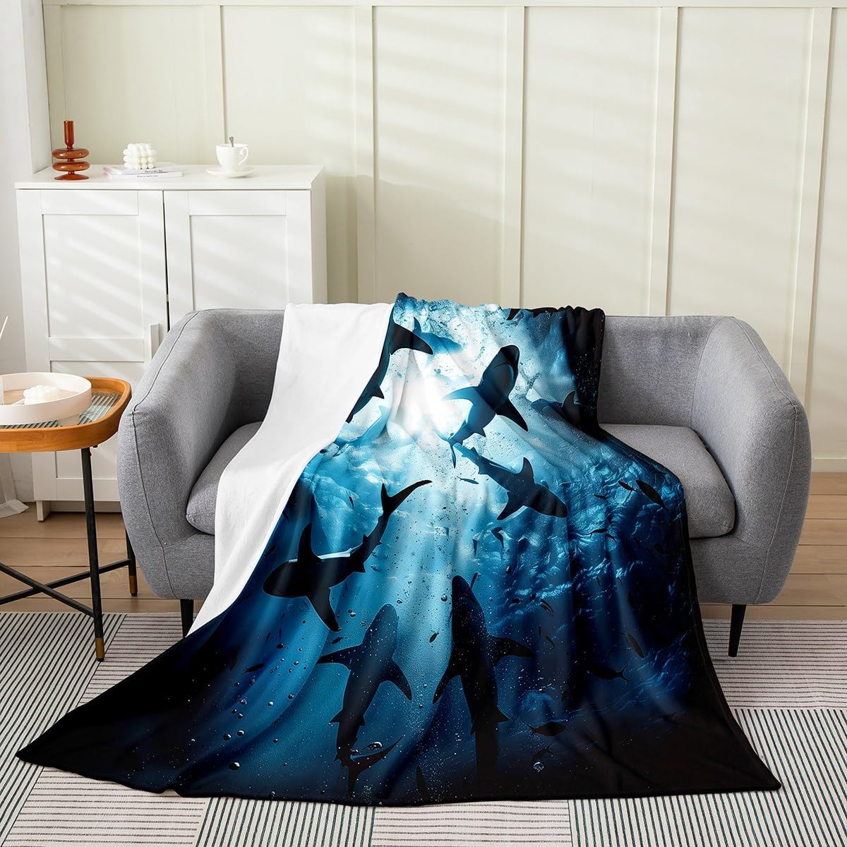 Erosebridal 3D Shark Fleece Blanket Twin 60x80,Boys Shark Flannel Blanket,Hunting Marine Life Fuzzy Plush Throw Nautical Lovers Creature Blankets for Adults,Summer Fish Ocean Room Decor
