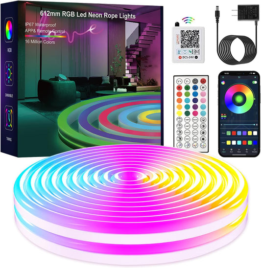 Neon RGB Rope Lights,IP67 Waterproof,Flexible Led Rope Lights,Control with App/Remote,Music Sync,for Gaming Room Living Bedroom Wall Decor (20FT)