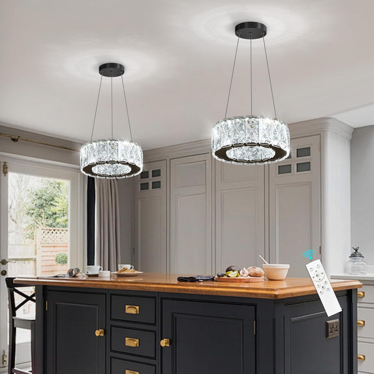 Modern Crystal Chandelier 8W Dimmable LED Crystal Pendant Light Fixtures Height Adjustable Round Chandeliers for Dining Room Hallway Bedroom Black