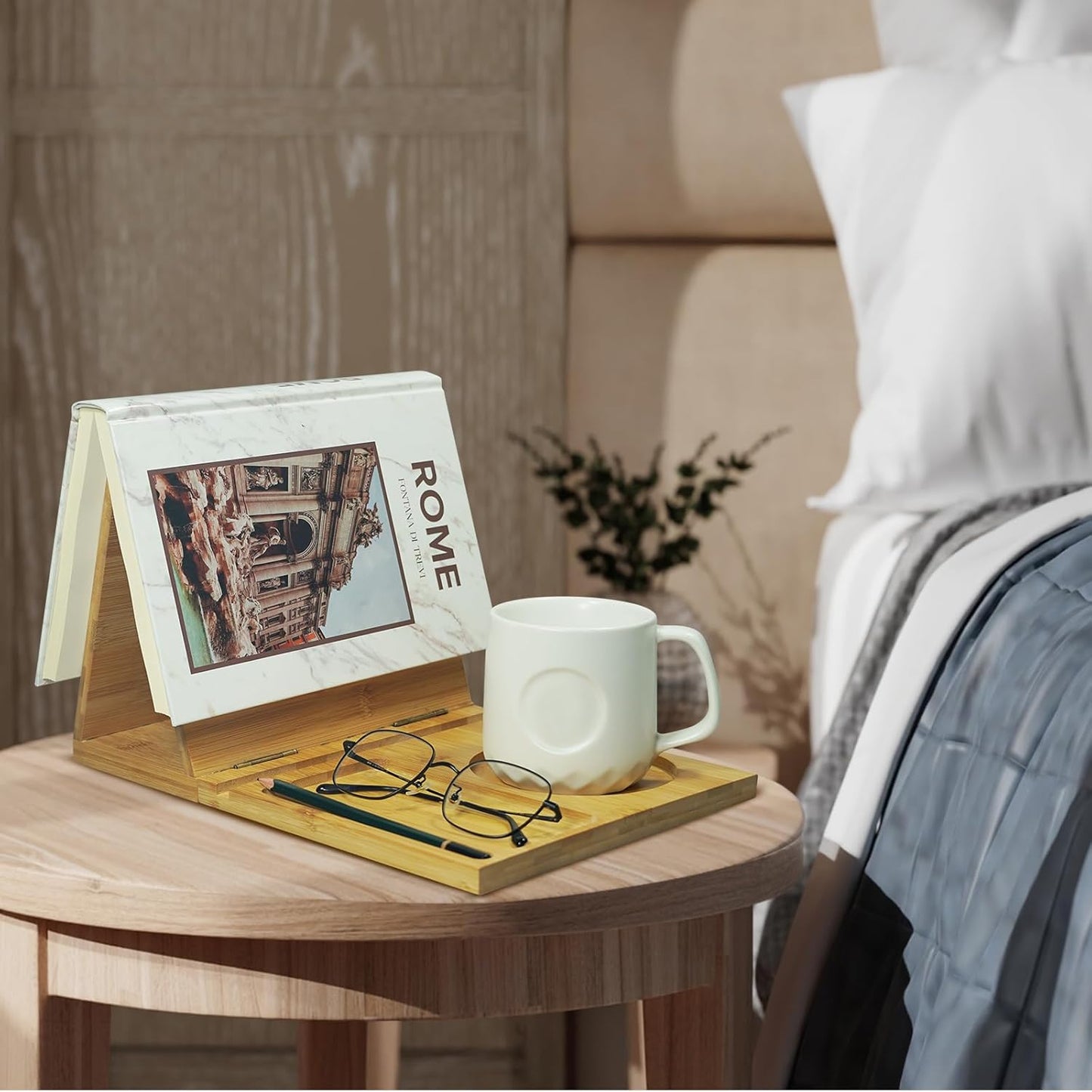 Junfire Triangle Book Stand with Drink Holder, Book Rest, Wooden Book Nook Reading Valet for Book Lover Gifts