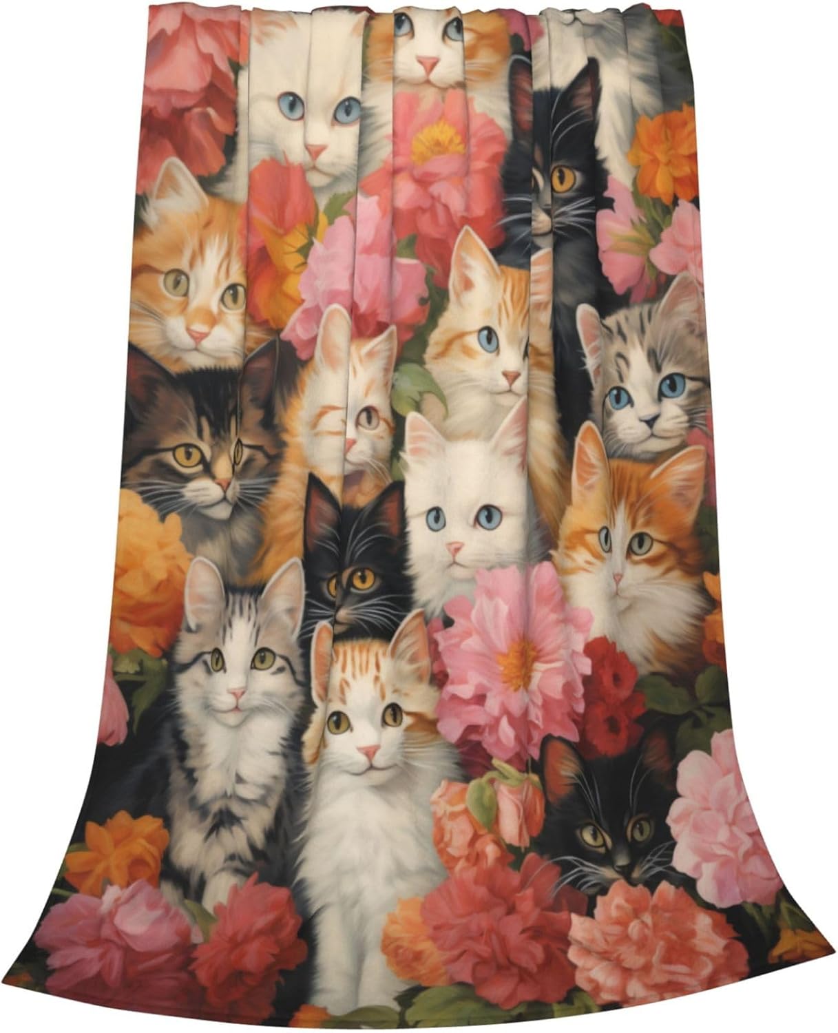 Cute Cat Blanket Gifts for Floral Lovers Girls Women Kitten Flower Flannel Throw Blankets for Home Couch Bed Sofa Soft Christmas Lightweight Decor All Season 60x50 Inches