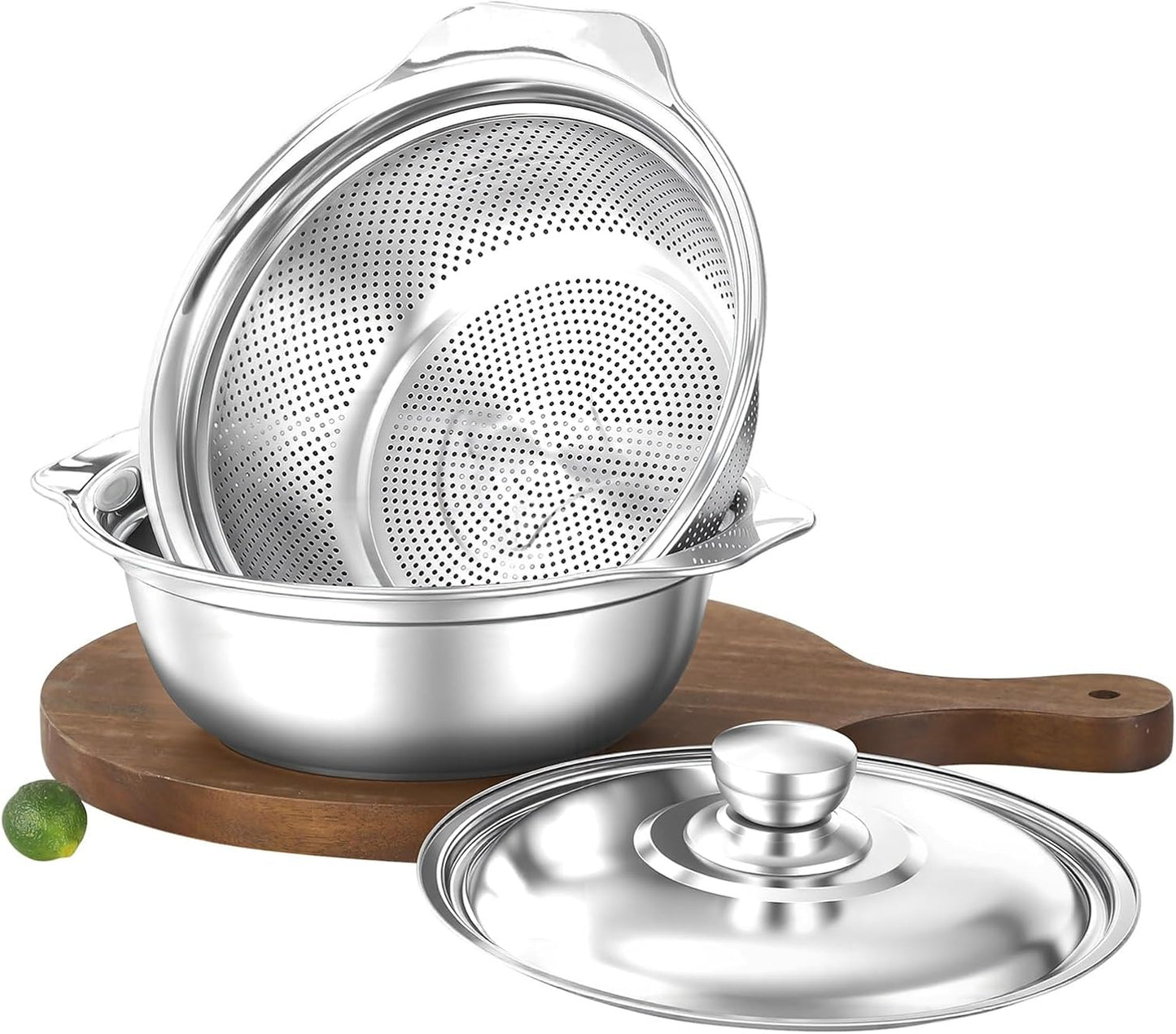 Stainless Steel Colander with Basin, 3 in 1 Multifunctional Drain Basket, 10.2 Inch Food Strainers, Fruit Washing Bowl Set, Strainer for Kitchen