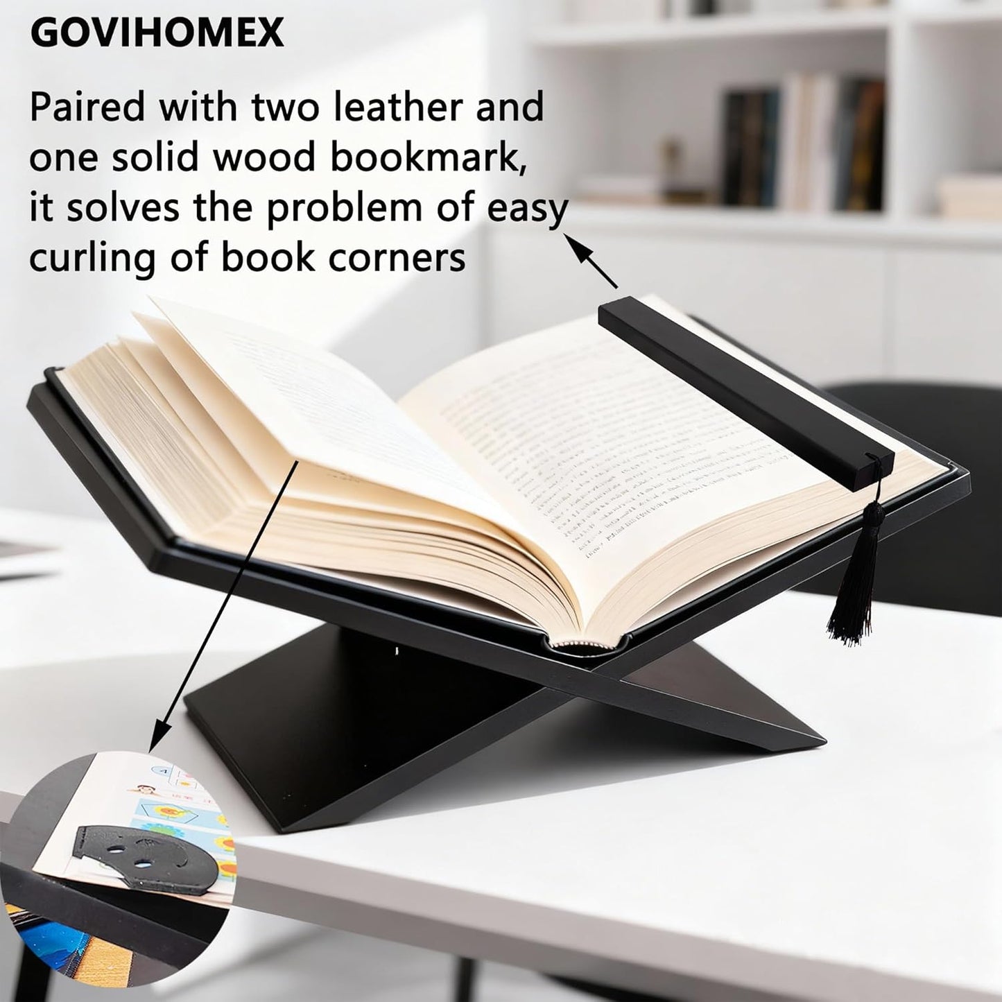 Solid Wood Book Stands with Bookmark - Cross Frame Walnut Wooden Book Holder, Open Bookstand for Display and Reading, Suitable for Art, Bible, Cookbook, Easel, Magazine, Textbooks (Black)
