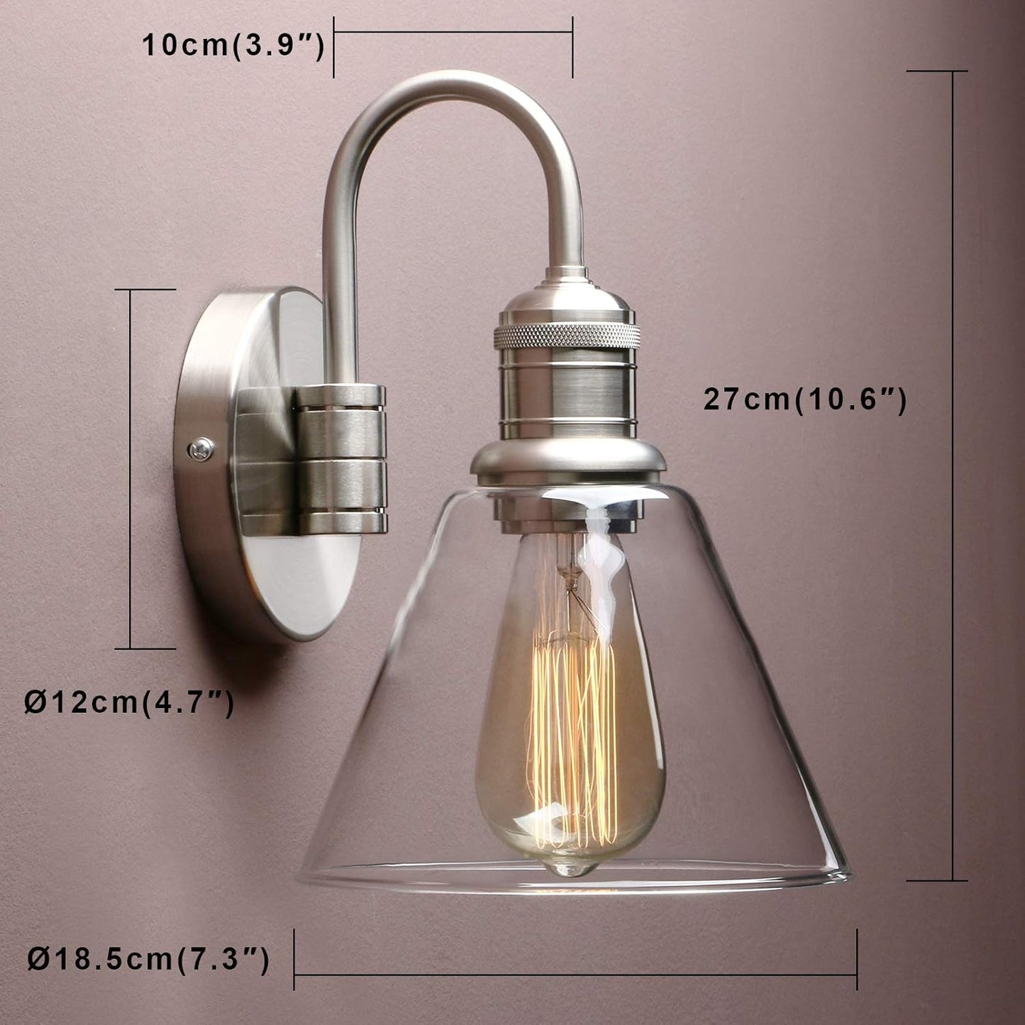 Yosoan 1-Light Brass Modern Vintage Indoor Wall Sconce, Vanity Single Luxury Hardwired Retro Textured Clear Funnel Flared Glass Shade with Industrial Curved Rod Bathroom Lamp(Brushed)