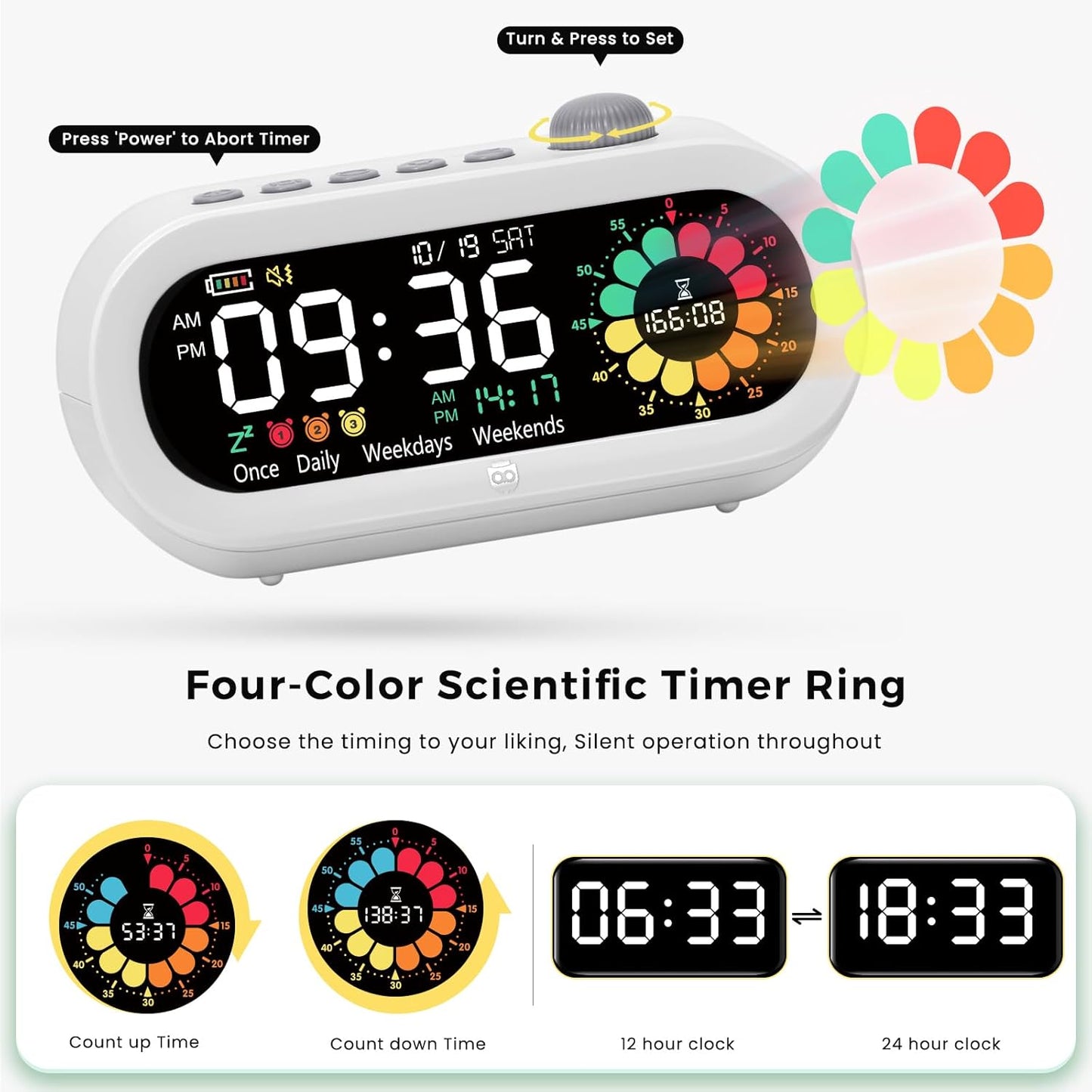 Mooking Alarm Clocks for Bedrooms, Digital Visual Timer for Kids, Rechargeable 199-Minute Silent Countdown Timers, Focus & Smoother Routines, Fitness Baking Studying Teaching