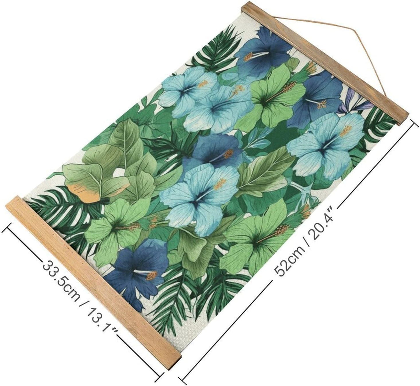 Vintage Green And Blue Hibiscus Flowers Poster with Wooden Frame Personalized Linen Hanging Scroll Painting Rustic Wall Hanging Illustrative Modern Artwork Decor for Home Living Room Bedroom Office