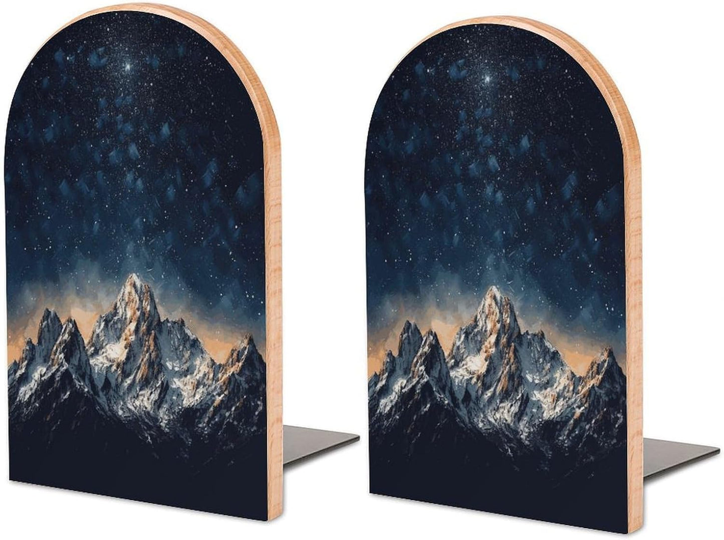 Starry Night The Mountains Wooden Bookend Non-Slip Book Ends Heavy Duty Book Stopper with Metal Base Books Holderd Decorative Bookends Stands Firmly for Office Supplies