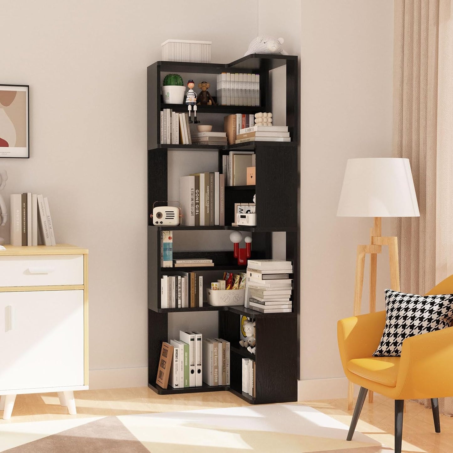 Lkeiyay 9-Tier Black Corner Bookcase, 65” Tall Space-Saving Modern Corner Bookshelf for Living Room/Bedroom, Sturdy Open Storage Unit with Multiple Shelves, Perfect for Home Office & Small Spaces