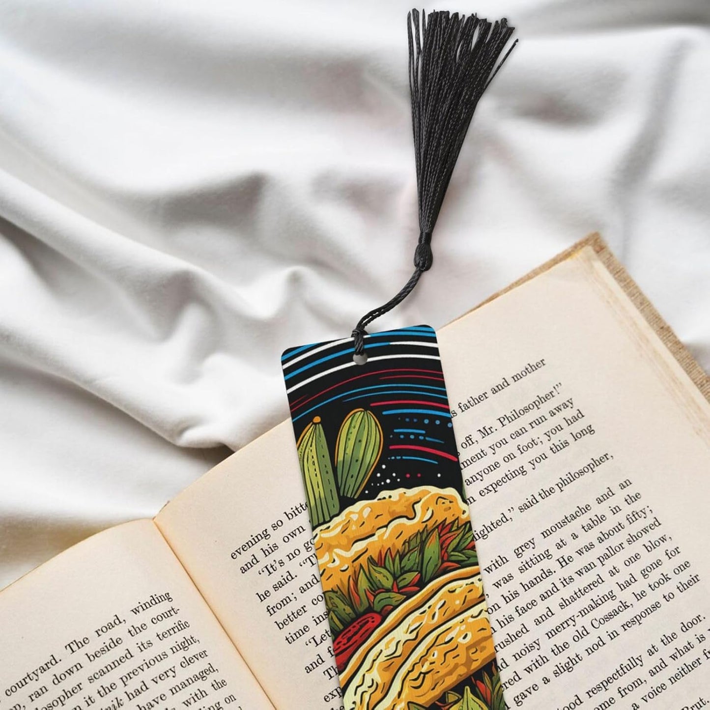 Tacos Bookmarks Gifts for Women Men, Wooden Bookmarks for Book Lovers, Vintage Book Marks Ornaments with Tassel, Unique Personalized Reading Page Markers Black
