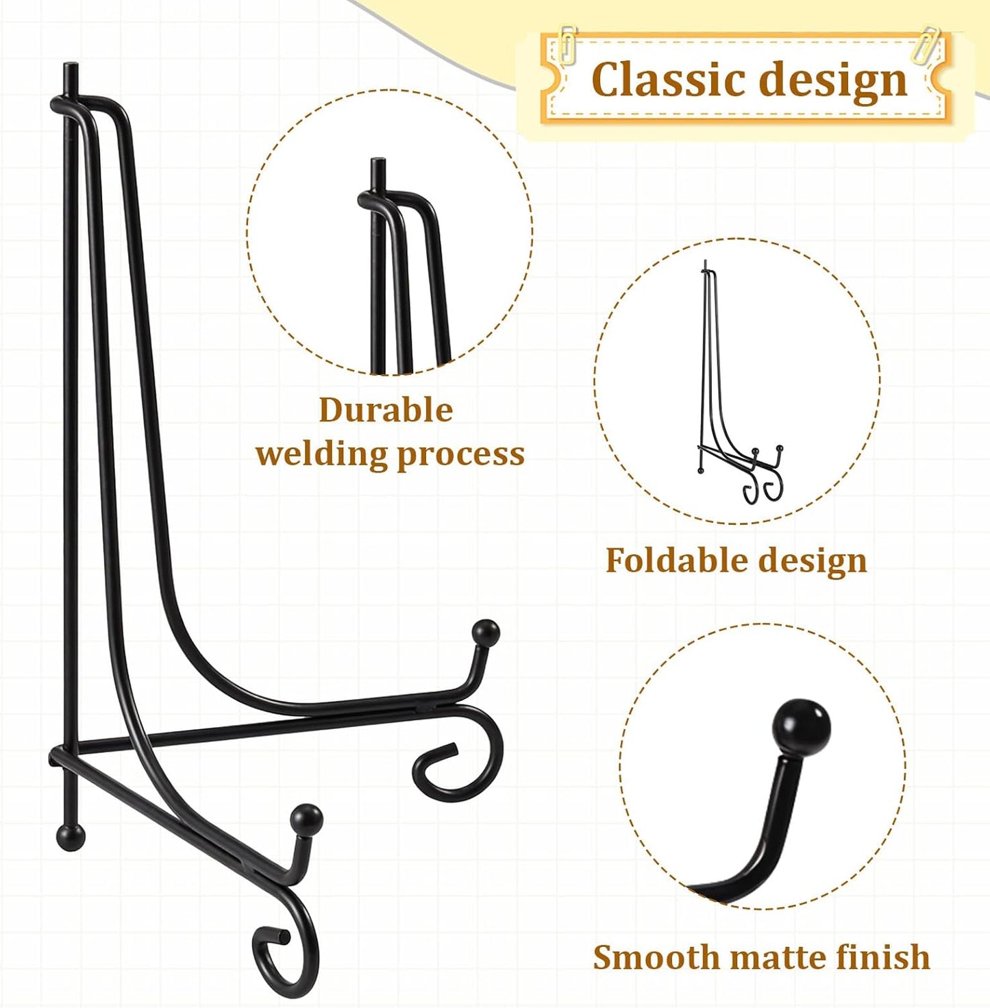 12 PCS 3 Size Black Iron Plate Stands for Display, 4, 6, 8 Inch Iron Display Stand, Plate Picture Photo Stands, Foldable Decorative Metal Plates Holders