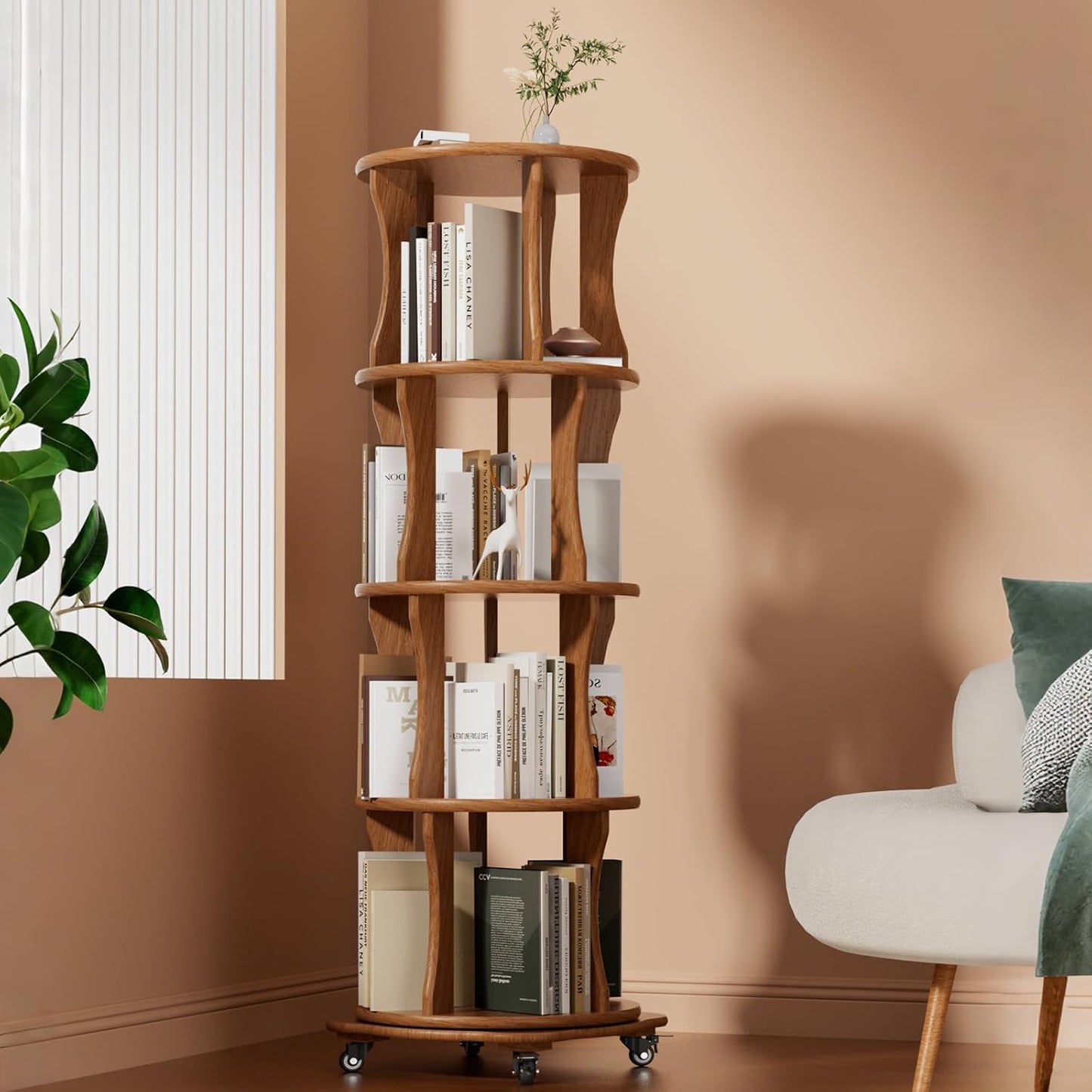 4 Tier Solid Wood Rotating Bookshelf with Wheels, Round Revolving Bookcase Organizer, 360° Spinning Storage Shelf for Corner, Small Narrow Spaces, Home, Office, BedRoom,Living Room,Study Room