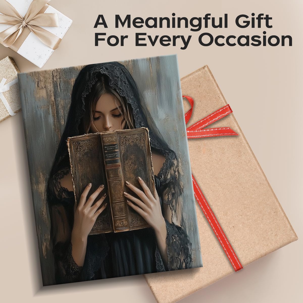 Dark Academia Wall Decor – 12x15 Inch Laminate Print of Woman Reading Antique Book – Vintage Gothic Art for Bedroom, Living Room, Office – Hanging & Table Display with Accessories