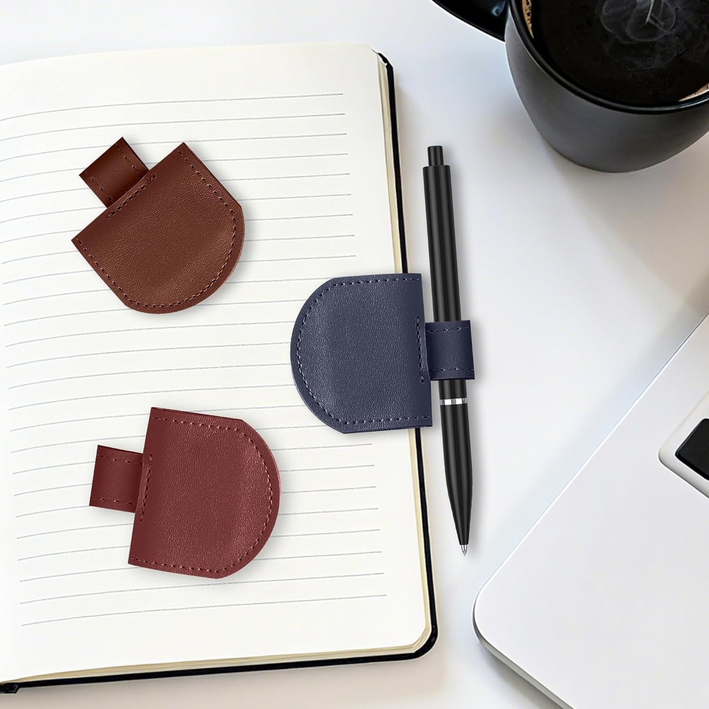 Magnetic Pen Holder for Notebook, Pen Clip for Journal Planner Notebooks, Fits Slim Pens, Soft PU Leather 3 Pack, Standard Size