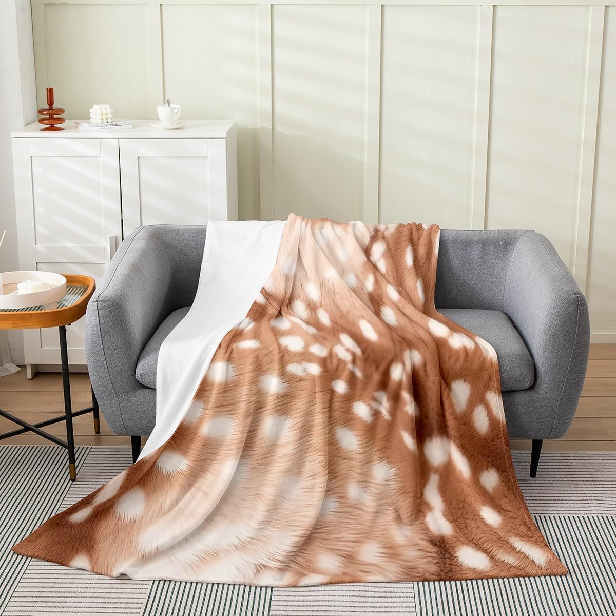Feelyou Deer Print Flannel Fleece Throw Blanket Twin 60"x80" Kids Deer Fur Pattern All Season Bed Blanket for Sofa Couch White Spots Brown Skin Print Fuzzy Blanket Plush Blanket （No Real Fur）
