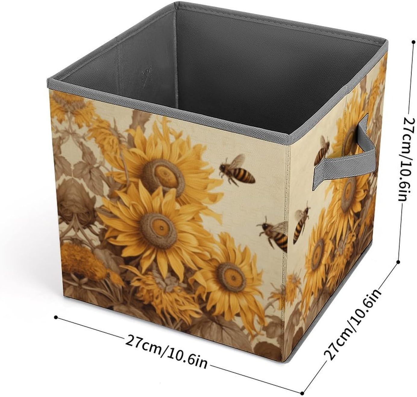 Bees And Sunflowers on Old Paper Storage Bins with Handles Fashion Large Storage Cubes Sturdy Foldable Storage Boxes Space-Saving Storage Baskets for Home Office Clothes Closet Organizers