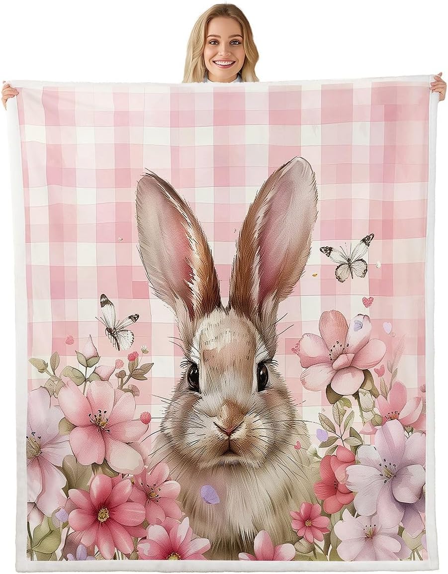 Feelyou Cute Rabbit Throw Blanket Cartoon Bunny Soft Fleece Sherpa Cozy Fuzzy Plush Warm Flower Floral Fuzzy Plush Throw Pink Plaid Baby 30"x40" for Bed Couch Living Room