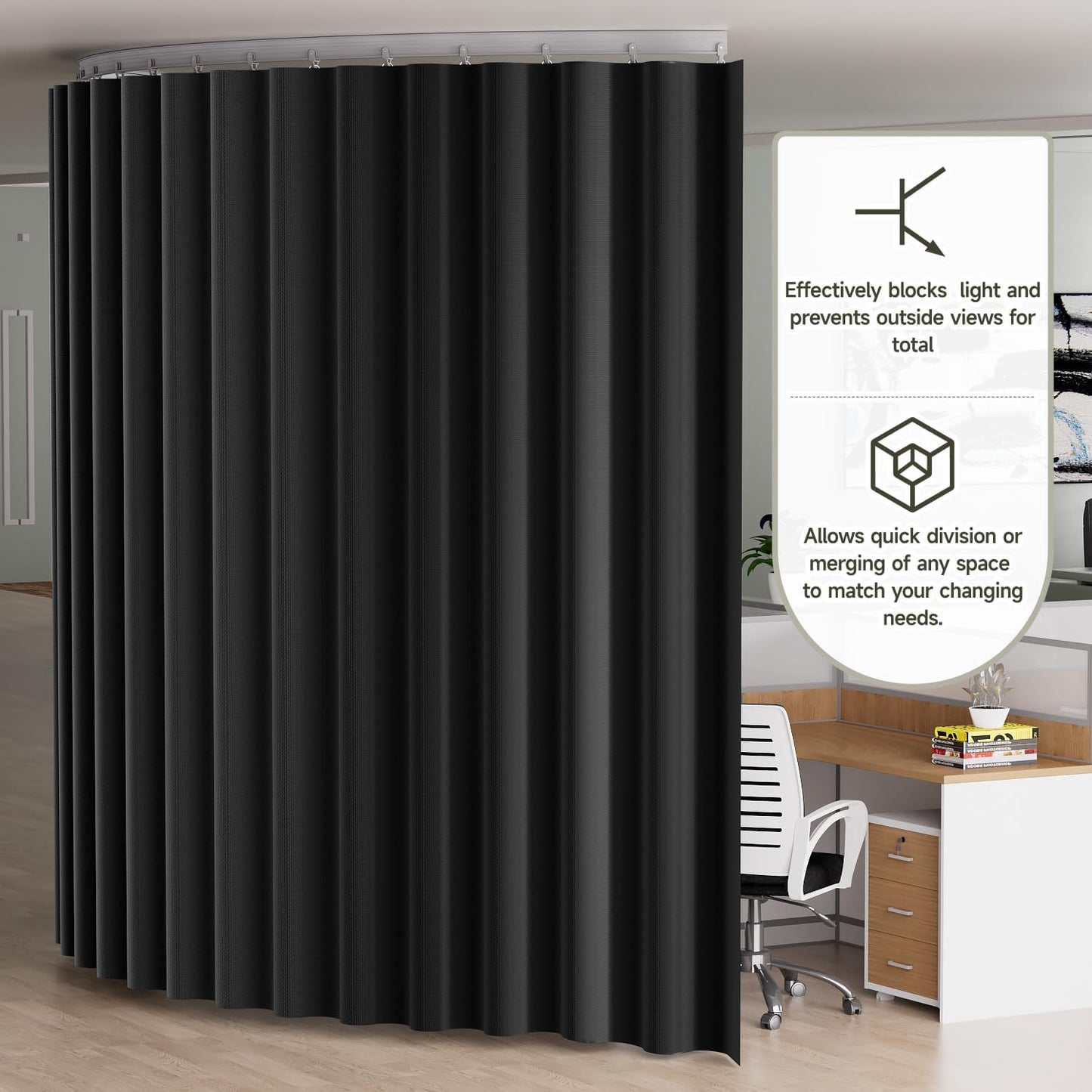 Room Divider Curtain with Ceiling Mount Track Blackout Curtains Thickened Ceiling Privacy Room Divider Screen, Flexible Ceiling Track Window Curtain Panels for Living Room Bedroom (Black W8.3 x L7ft)