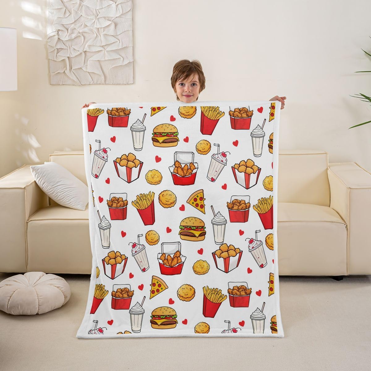 Feelyou Cute Pizza Sherpa Throw Blanket for Couch Chips Hamburger Super Soft Cozy Fleece Chicken Nugget Blanket for Winter, Plush Throw Food Theme Queen 90"x90" All Season