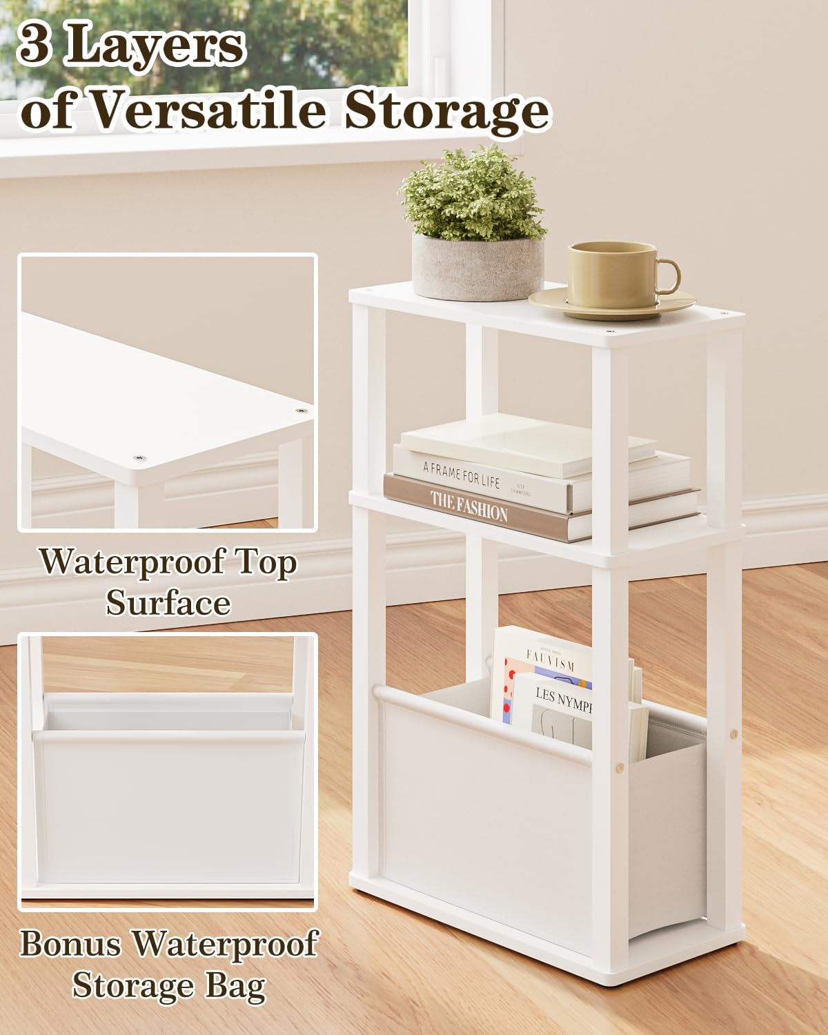 Narrow Wood Side Table, 3-Tier Night Stand with Storage Bag, Skinny Nightstand for Small Spaces, Bedside Table for Living Room, Bedroom, White