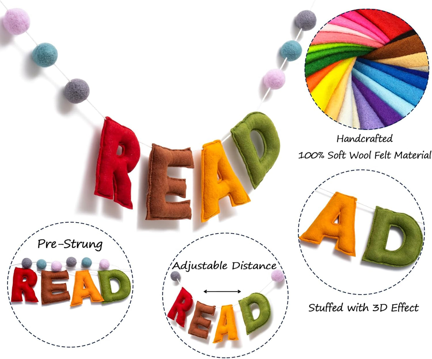 Read Sign - Boho READ Felt Garland Banner, Reading Corner Decor for classroom, Read Hanging Banner for Kids Reading Nook Wall Art Nursery Decor, Read Signs for Classroom Library Family Playroom Decor