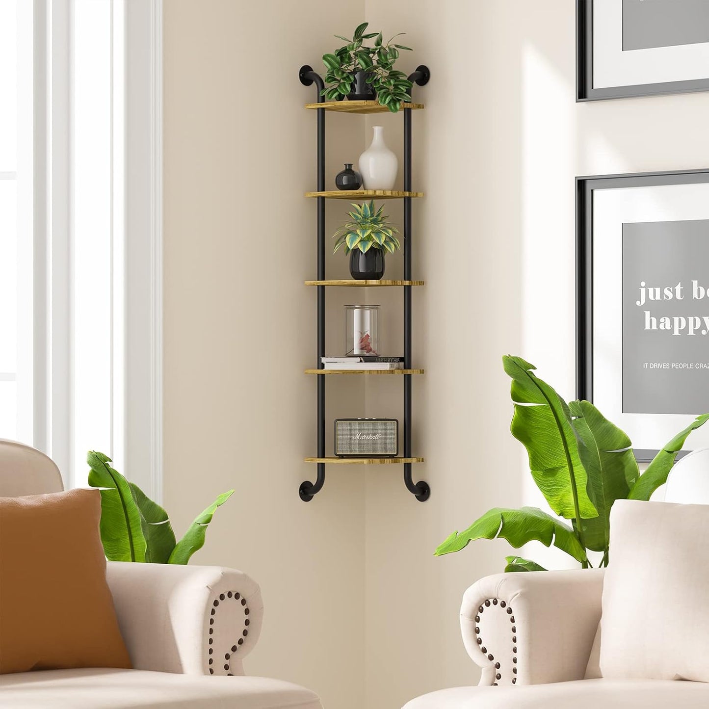 Corner Shelf Wall Mount 5-Tier, Wall Decor for Home Living Room Bedroom, Wall Corner Shelves Bookshelf, Rustic Industrial Pipe Shelves Thanksgiving Day, Brown