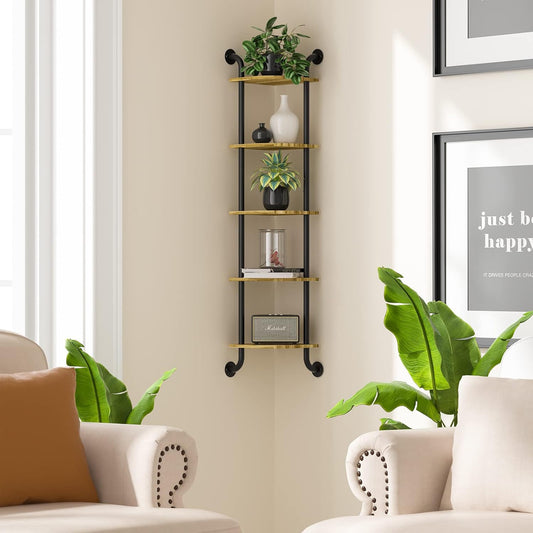 Corner Shelf Wall Mount 5-Tier, Wall Decor for Home Living Room Bedroom, Wall Corner Shelves Bookshelf, Rustic Industrial Pipe Shelves Thanksgiving Day, Brown