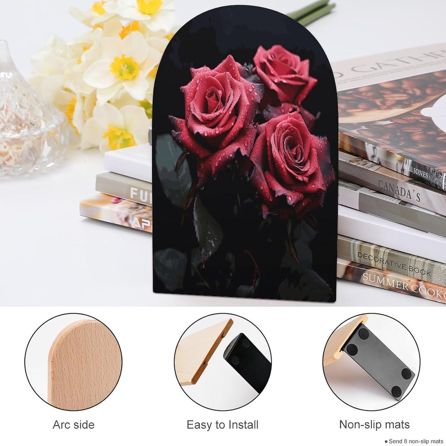 Red Rose and Black Leaves Wooden Bookend Non-Slip Book Ends Heavy Duty Book Stopper with Metal Base Books Holderd Decorative Bookends Stands Firmly for Office Supplies