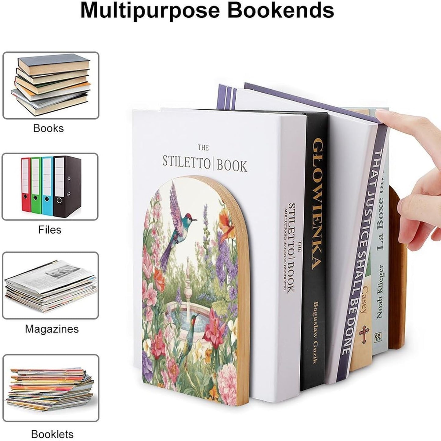 Garden with Birds and Flowers Bookend for Shelves Wooden Book End Large Size Sturdy Book Holders Stoppers with Metal Base for Bookshelves Slick Decorative Bookends Stands