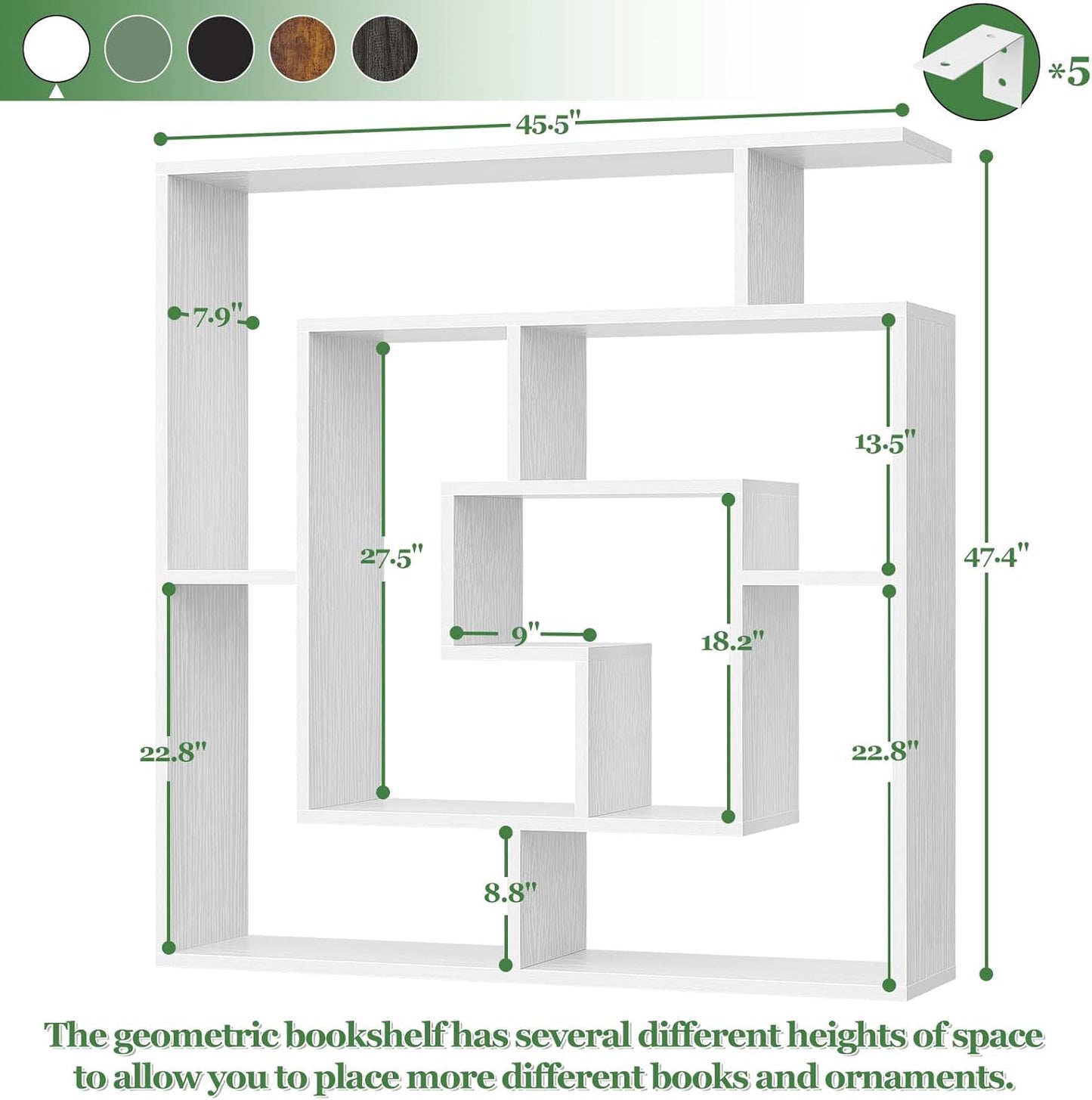 6-Tier Geometric Bookcase — Wall Mounted & Freestanding, 45.5×47 in, White