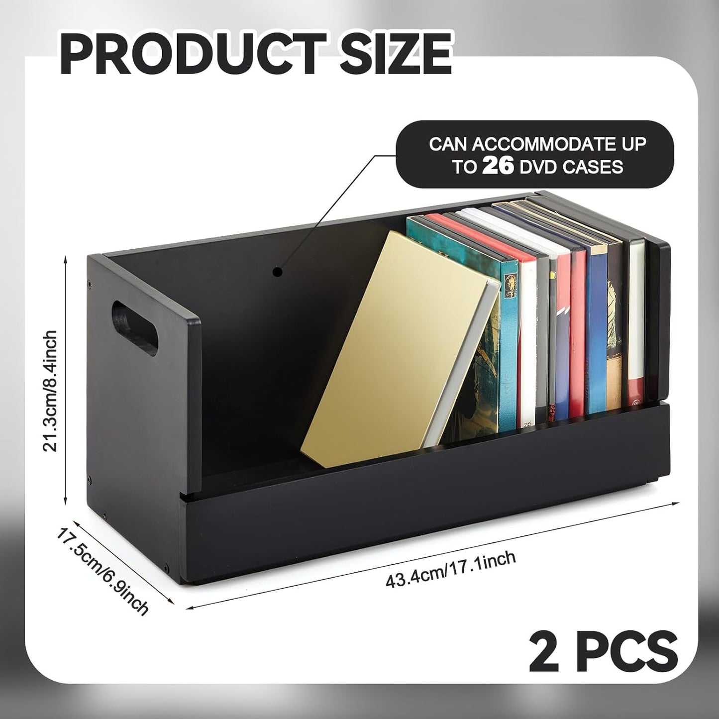 2 Set Wooden DVD Storage Box DVD Storage Shelf Holder Solid Wood Cassette Tape Display Organizer with Carrying Handle for CD, Movie Cases, Each Organizer Can Store up to 26 Boxes (Black)