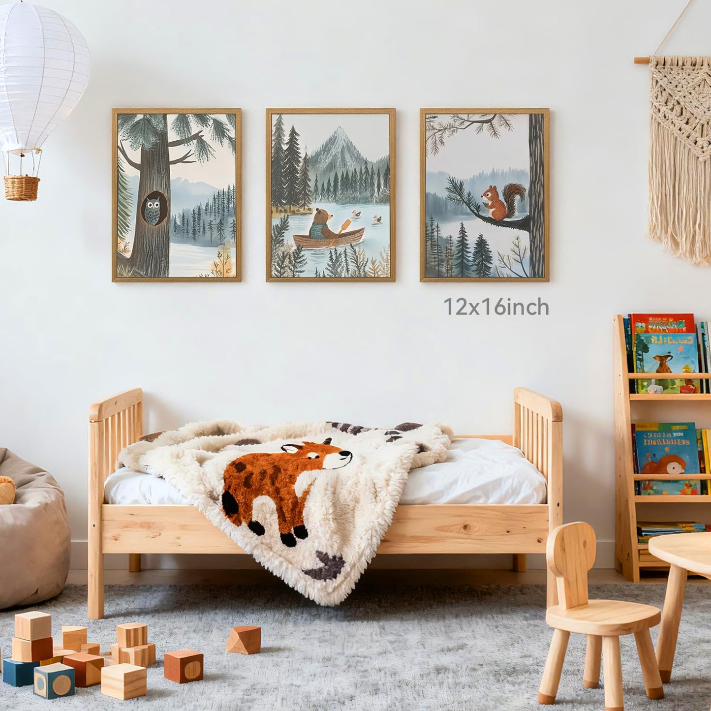 CAZLOUC Wood Framed Woodland Animal Nursery Wall Art Set of 3, Baby Boy Forest Adventure Wall Decor, Bear Owl Squirrel Art Print, Vintage Neutral Mountain Landscape Artwork for Kids Room 16x24 Inch