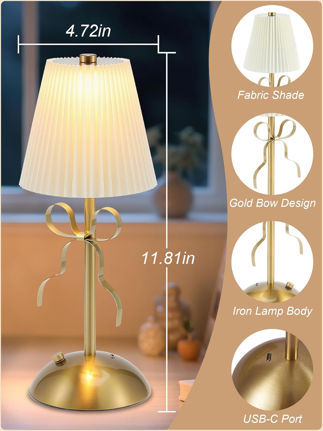 Cordless Table Lamp,Small Gold Bow Night Light,LED Rechargeable Reading Lights,3 Color Stepless Dimmable Touch Control Bedside Lamps,Bedroom Living Room Bar Desk Lamps Home Decor Ambient Lighting
