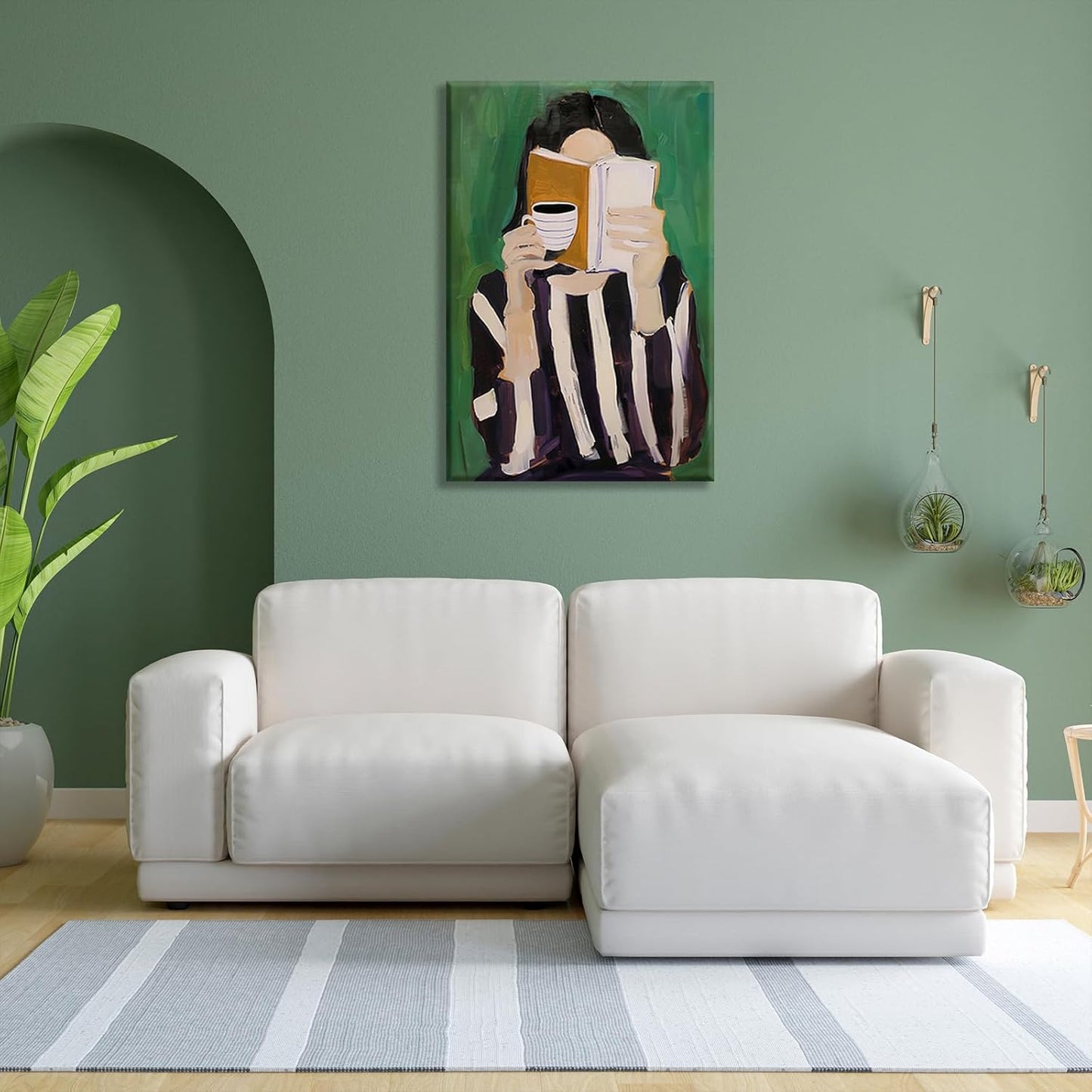 Trendy Women Reading Book Posters Emerald Green Striped Wall Art Abstract Coffee Decor Modern Feminine Canvas Minimalist Woman Pictures Print Aesthetic for Living Room Bedroom House 12x16in Unframed