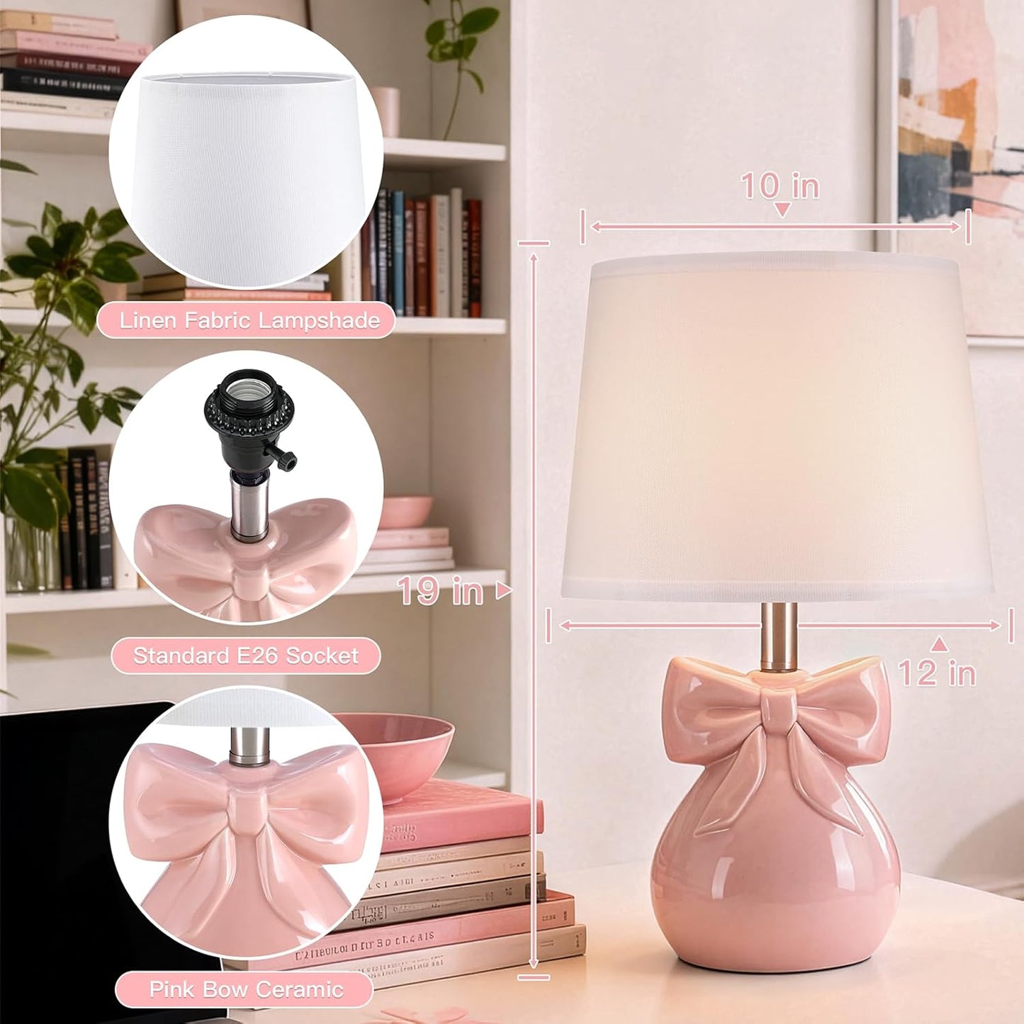 Pink Bow Table Lamp for Girl's Room, 19" Ceramic Cute Lamp for Bedroom, Classic Bedside Lamp for Nightstand, Modern Table Lamp for Living Room with Rotary Swtich (Bulb Included)
