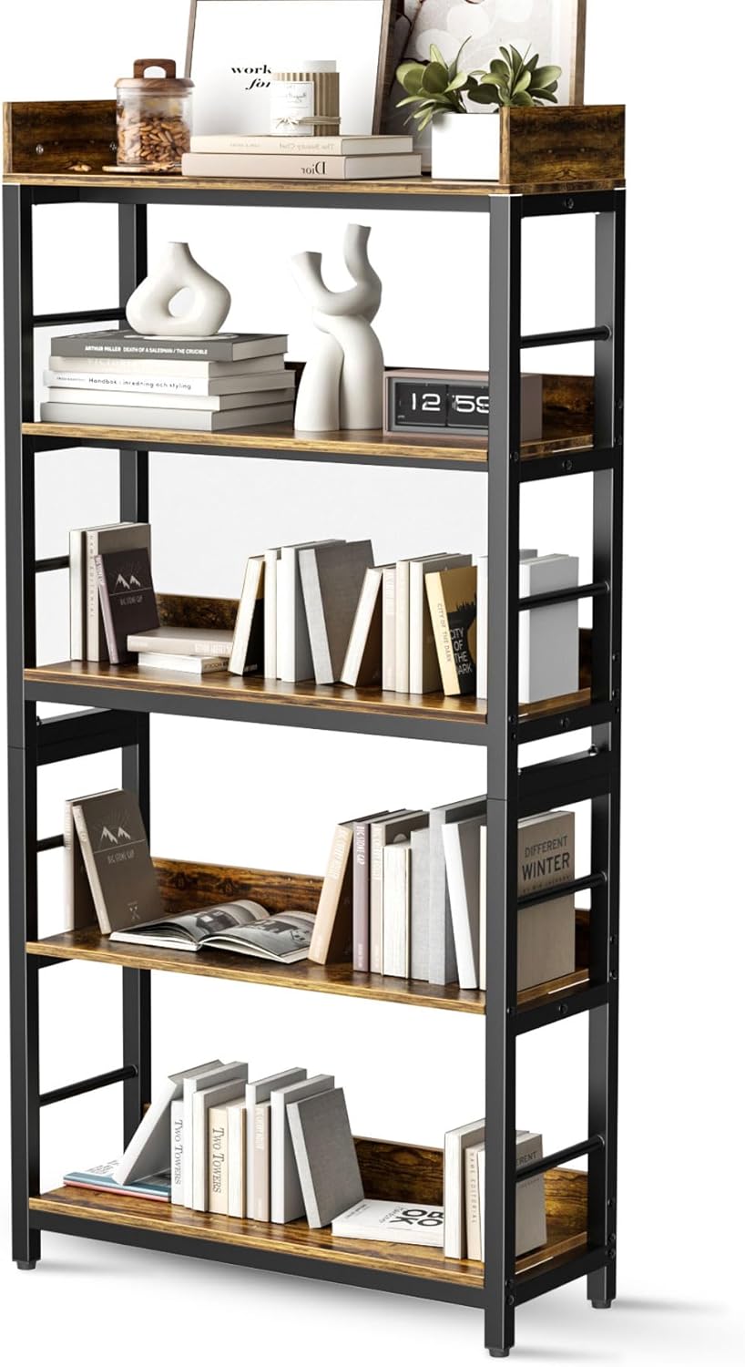 Aquzee Bookshelf, 66" H 5-Tiers Heavy Duty Industrial Shelving Wood & Metal Bookcase, Rustic and Black Tall Shelf Units for Home, Office, Living Room
