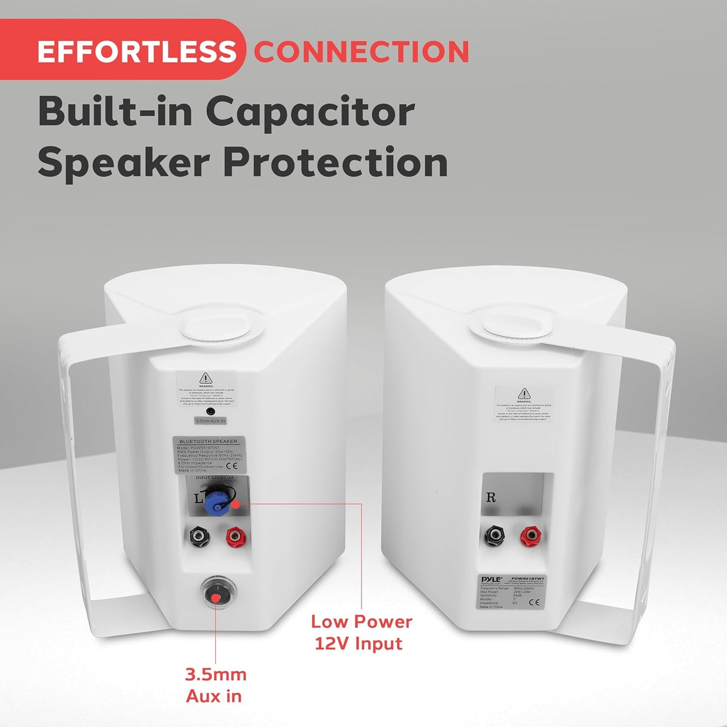 Pyle 6.5 Inch Wall Mount Waterproof Speaker System for Indoor or Outdoor Wireless Bluetooth Surround Sound System, White (2 Pack)