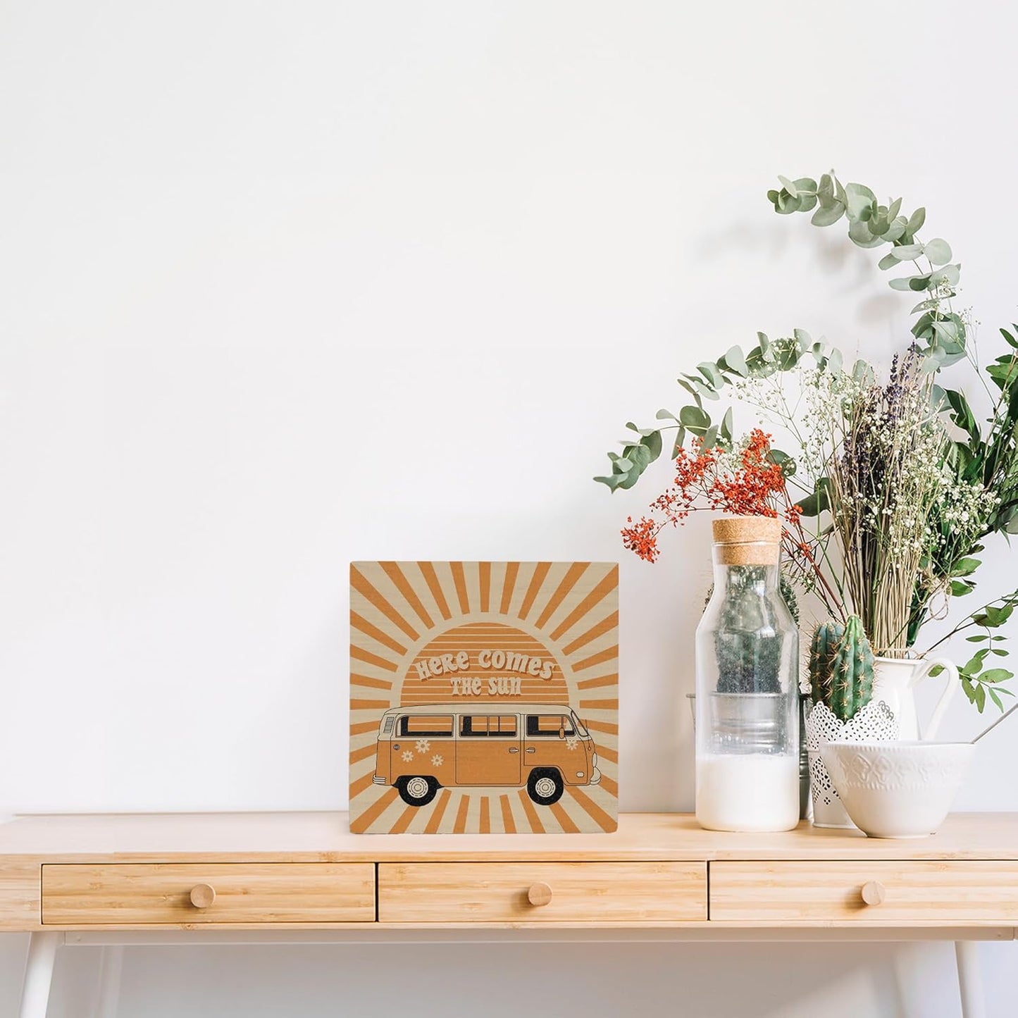 Here Comes the Sun Wood Box Sign Desk Decor,Trendy Retro Groovy 70s Wooden Box Sign Block Plaque for Home Bedroom Girls Room College Dorm Shelf Table Decor