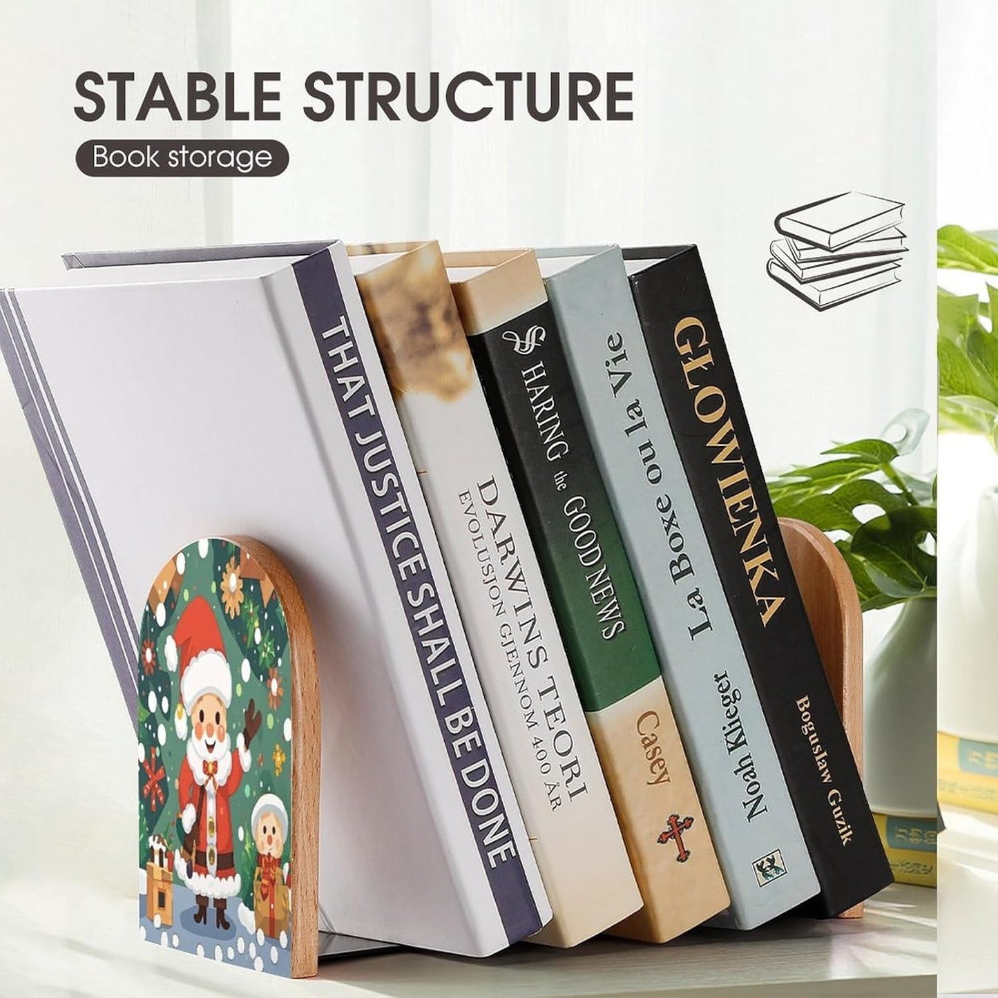 Christmas Spirit Bookends 1 Pair Heavy Duty Book Ends for Shelves Non-Skid Bookend Supports Wooden Book Holders with Metal Base Desk Organizers Books Storage to Hold Books