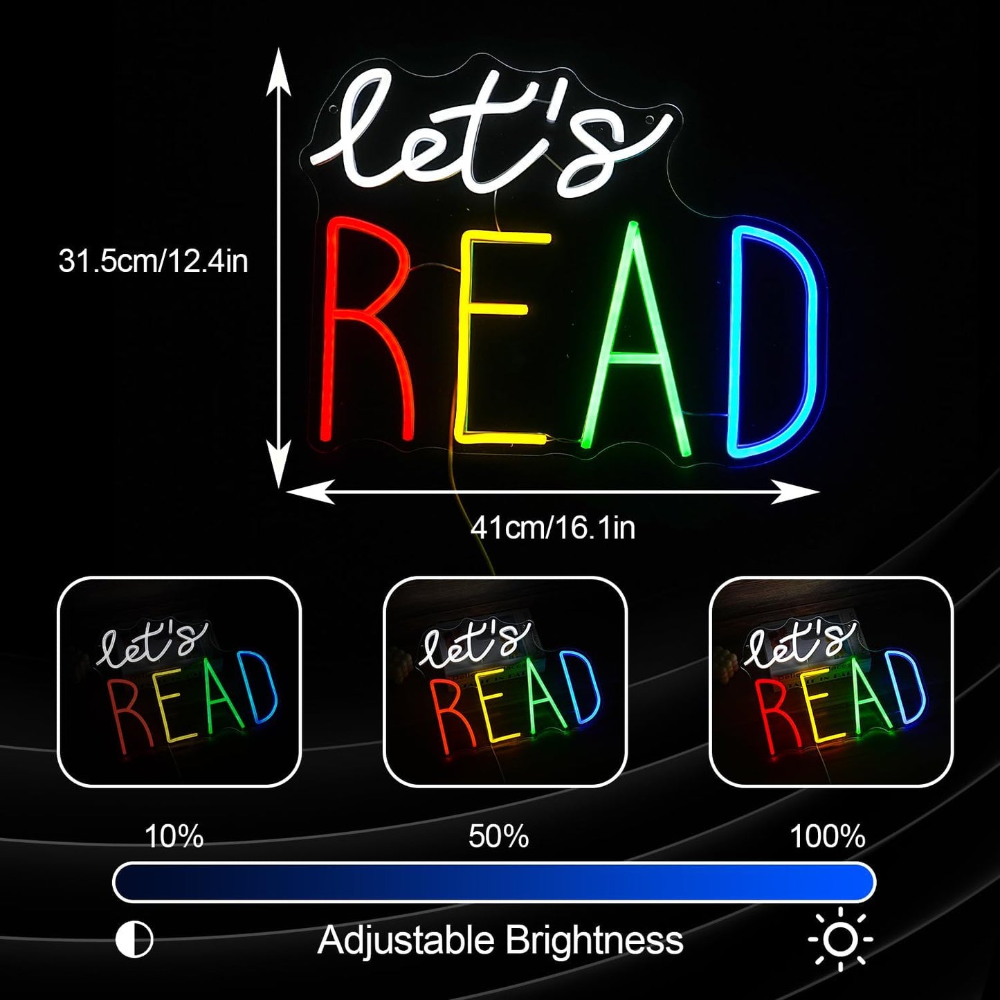 Let’s Read Neon Sign Multicolored Reading Led Neon Light Sign for Wall Decor Read Book Led Light Up Sign for Classroom Bookstore Reading Corner Home Wall Neon Decor (Dimmable USB)