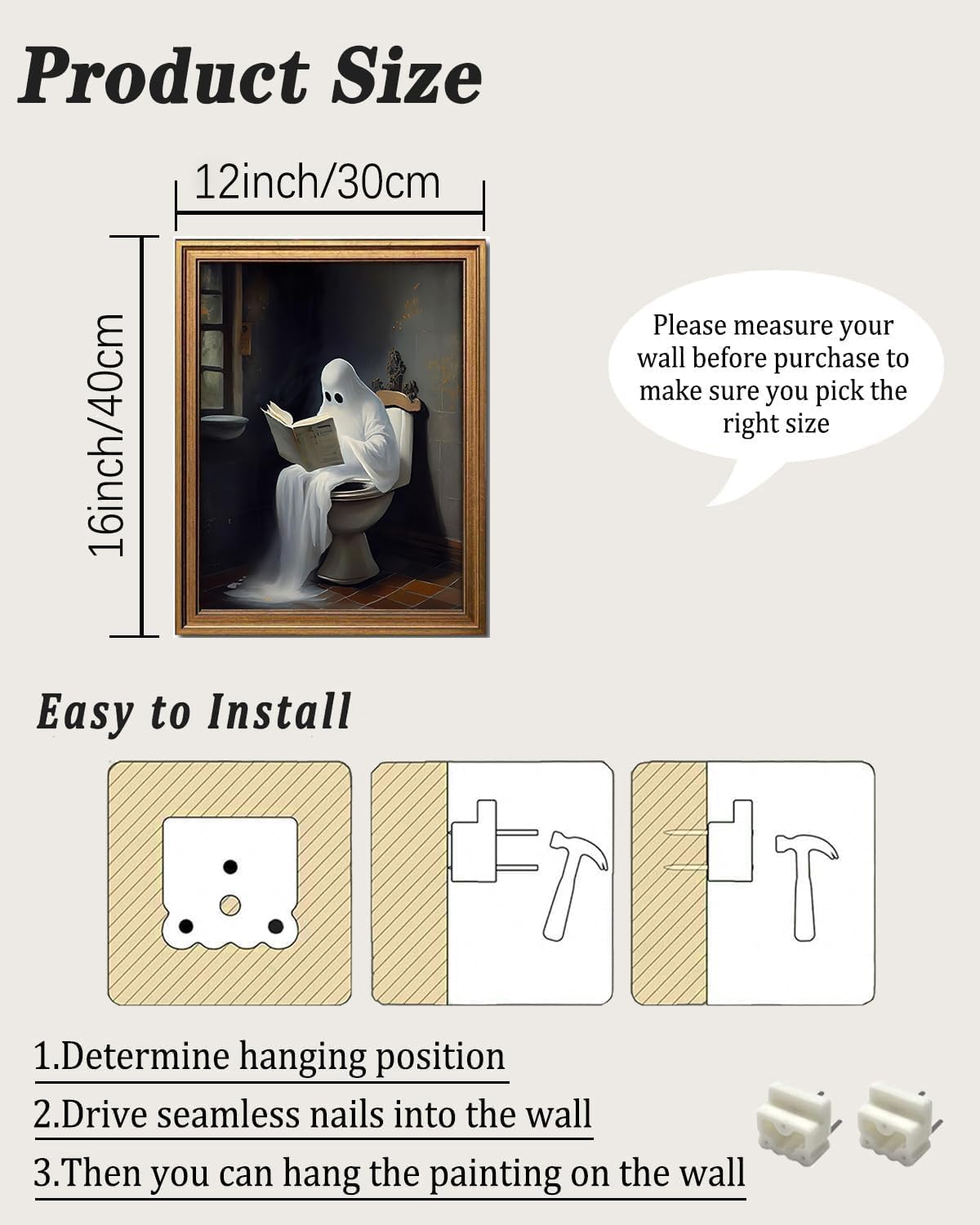 KBKBART Framed Canvas Wall Art, Vintage Cute Ghost on Toilet Reading Books Gothic Aesthetic Posters, Spooky Dark Academia Room Decor, Ghost in Bathroom Horror Halloween Pictures, Bathroom Decor Wall Art(12"x16")