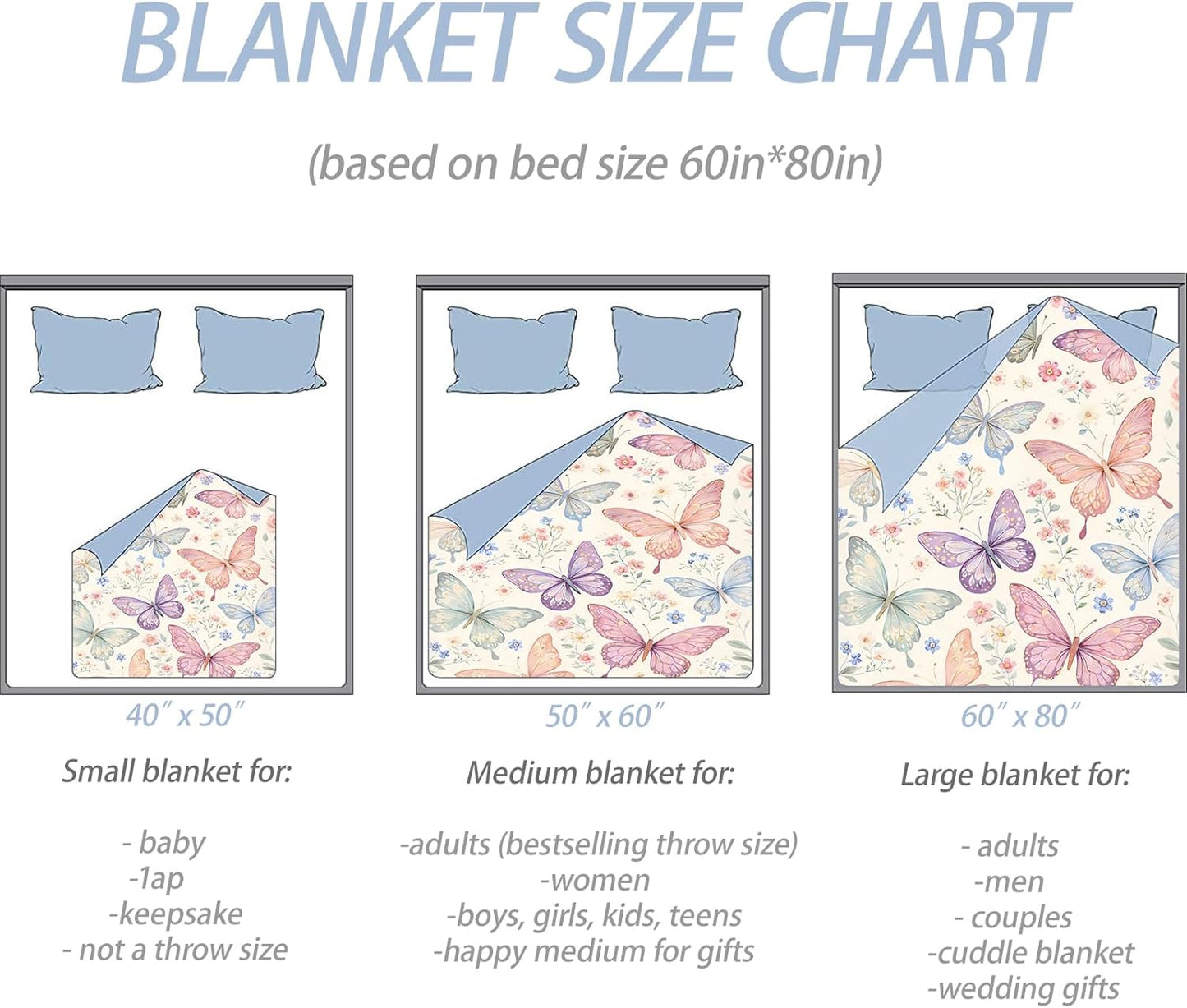 Pastel Butterfly Floral Throw Blanket, Watercolor Insect and Wildflower, Soft Flannel Fleece, 50x60 Inch, Couch Sofa Blankets for Women Nature Lovers, Cozy Elegant Cottagecore Home Decor Gifts