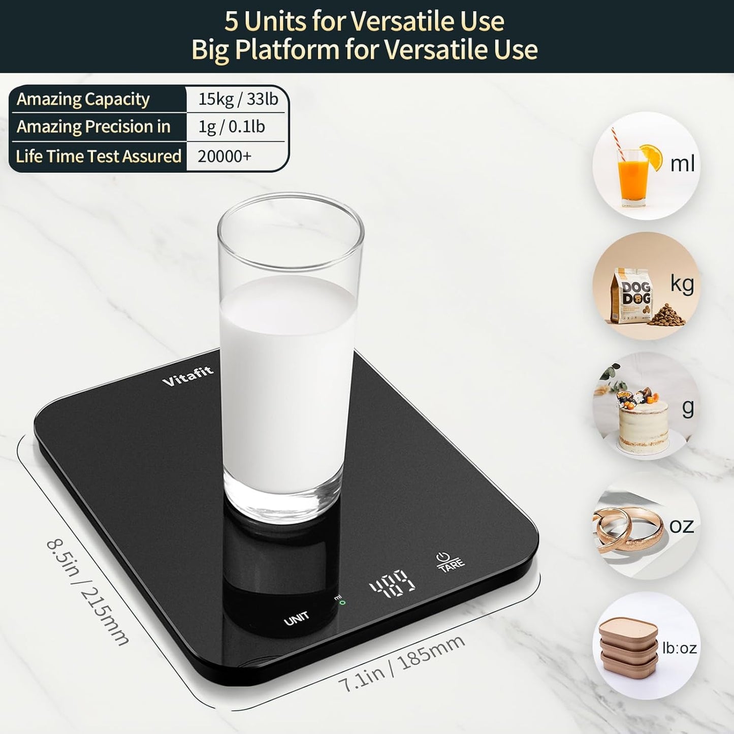 Vitafit 33lb/15kg Digital Food Scale in High Precision 0.1oz/1g, Our Own Kitchen Scale Professional Factory Since 2001, Kitchen Essentials for Cooking & Baking, LED, 3*AAA Battery, Spray Silver Black