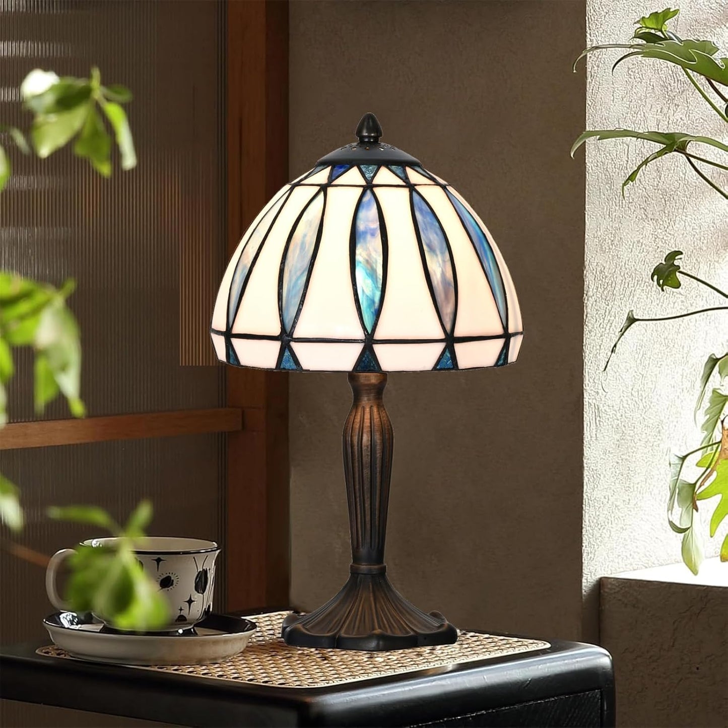 TL0034 Tiffany Style Table Lamp with Stained Glass Shade, Vintage Bronze Base W 8" x OH 14.25", Great for Home Office Small Space, LED Bulb Included (Blue White)