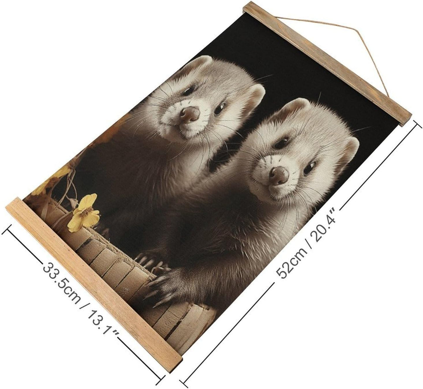 Vintage Ferrets Poster with Wooden Frame Personalized Linen Hanging Scroll Painting Rustic Wall Hanging Illustrative Modern Artwork Decor for Home Living Room Bedroom Office