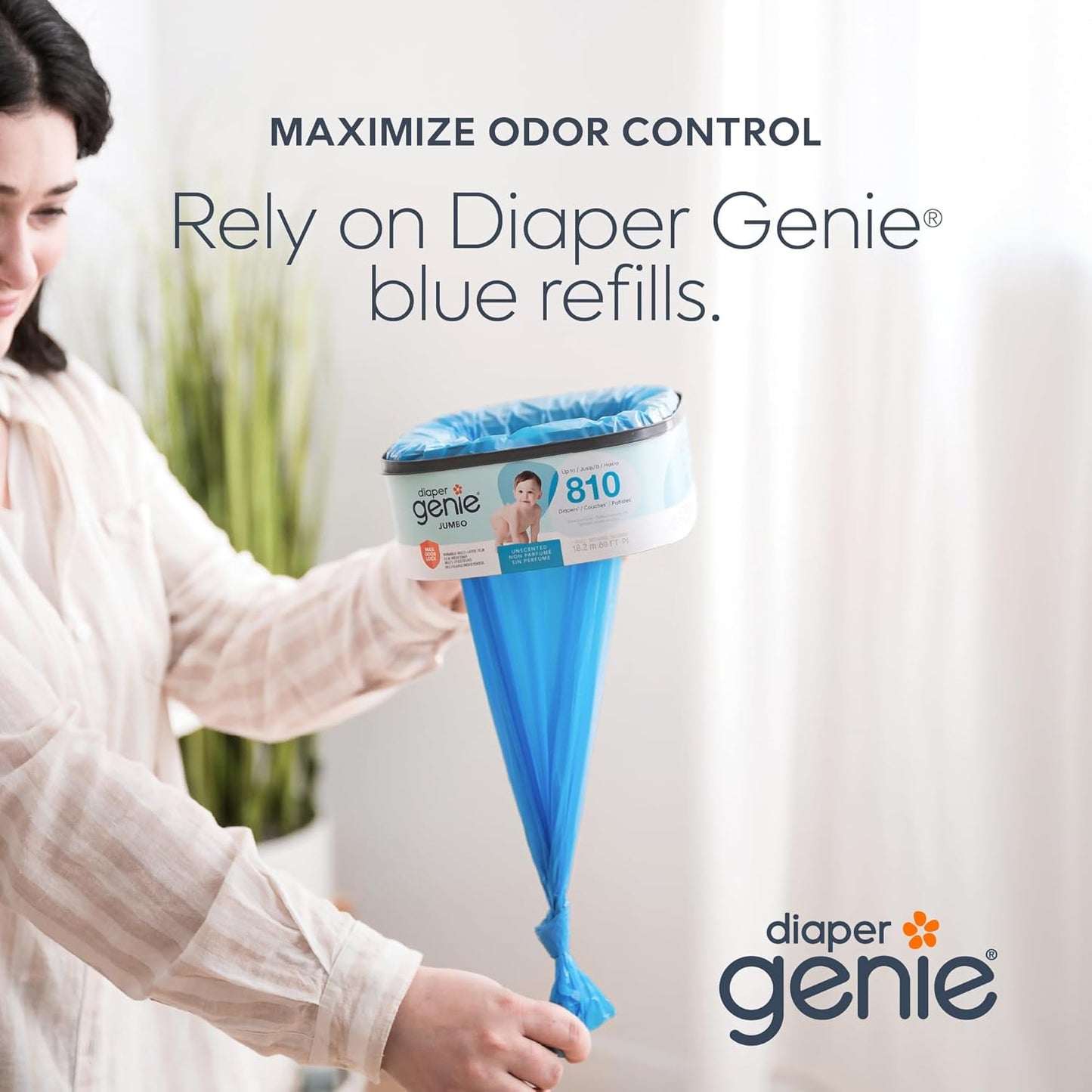 The Diaper Genie Jumbo+ Square Refill, with continuous film, can hold up to 1080 newborn-sized diapers per refill.