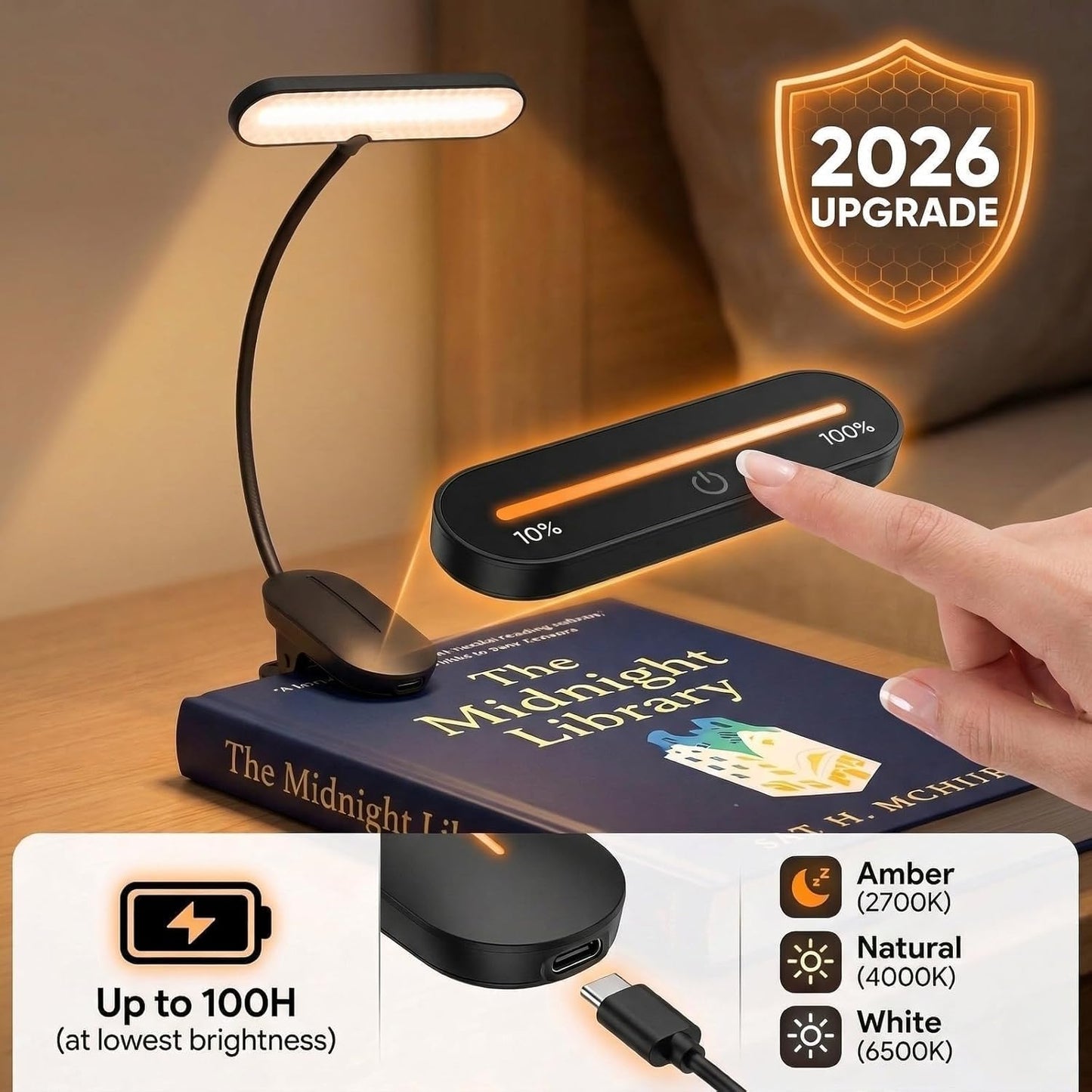 TATAANTY 14 LED Rechargeable Book Light for Reading in Bed, 3 Color Temperatures & Stepless Dimming, Up to 80H Runtime, Eye-Caring Amber Light, Lightweight Clip-on Reading Lamp for Book Lovers & Kids